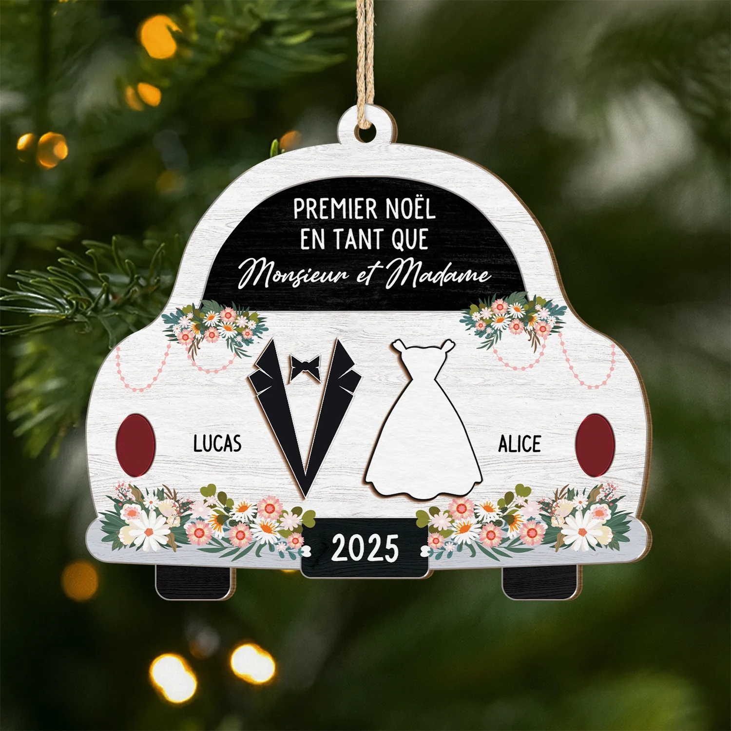 Ornement Noël En Bois À 1 Couche Personnalisé - Premier Noël Jeunes Mariés