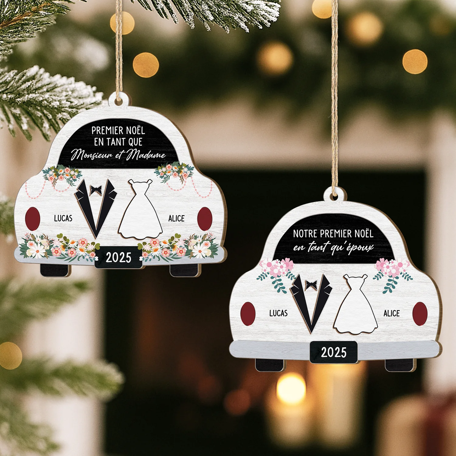 Ornement Noël En Bois À 1 Couche Personnalisé - Premier Noël Jeunes Mariés - Image 2