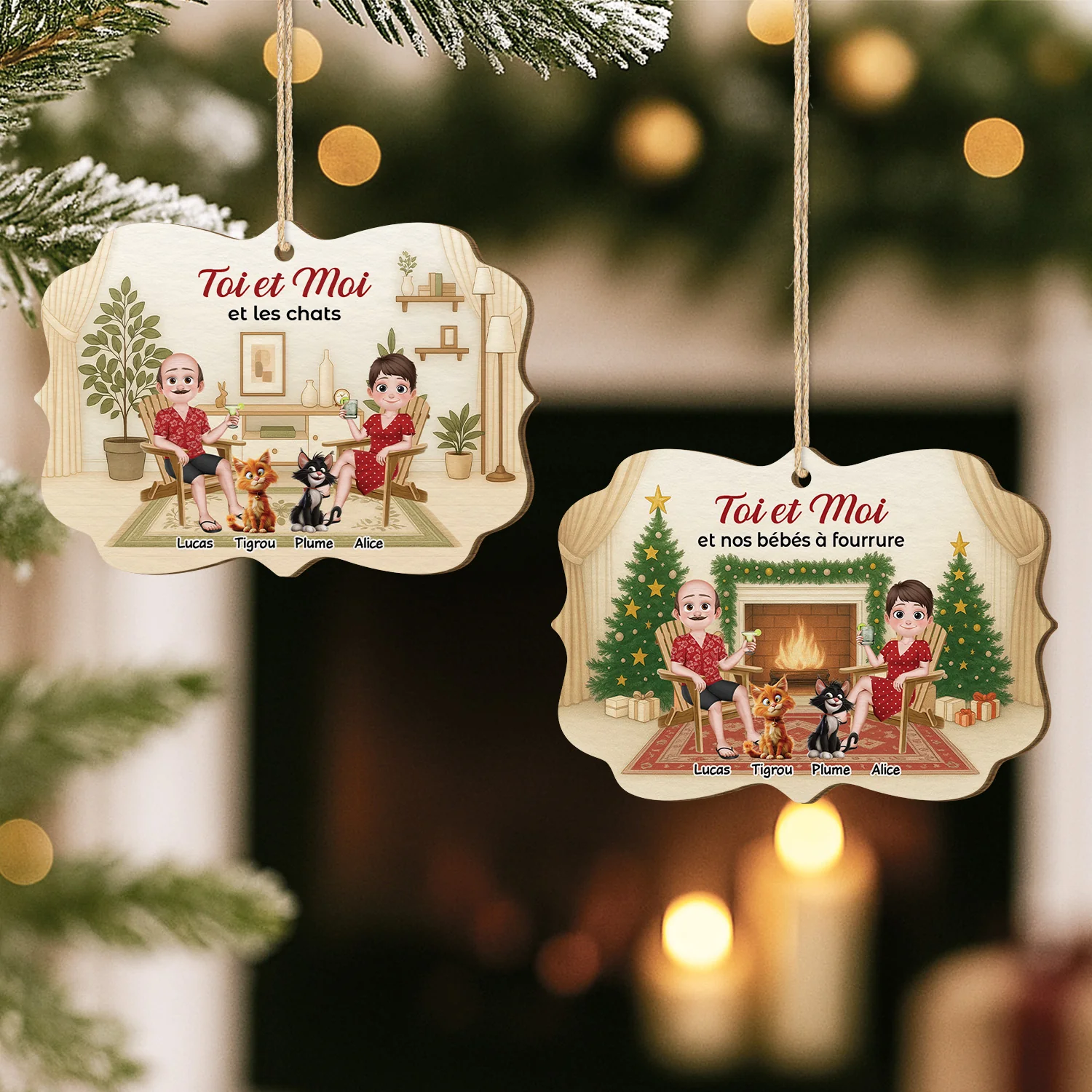 Ornement Noël En Bois À 1 Couches Personnalisé Couple Chat - Toi Et Moi Et Les Chats - Image 2