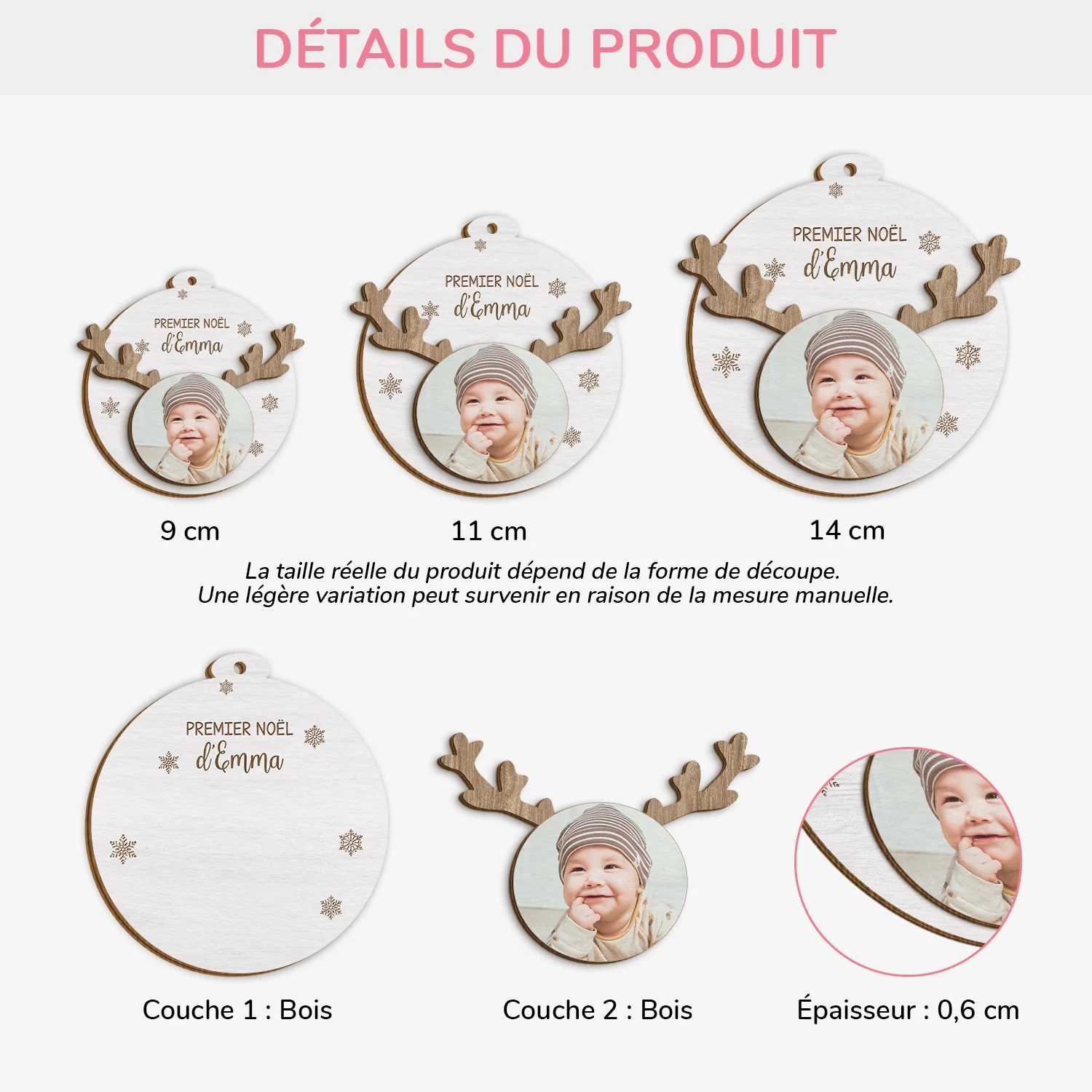 Ornement Noël En Bois À 2 Couches Personnalisé Avec Photo - Mon Premier Noël Bébé - Image 3