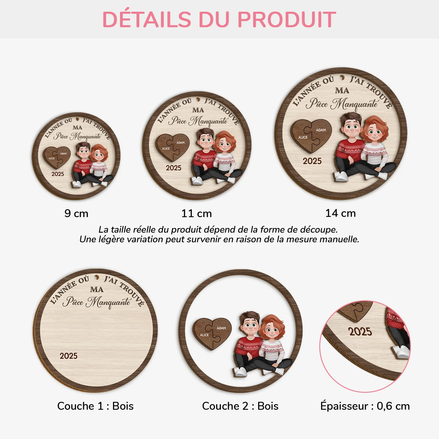 Ornement Noël En Bois À 2 Couches Personnalisé Couple - J'ai Trouvé Ma Pièce Manquante - Image 3