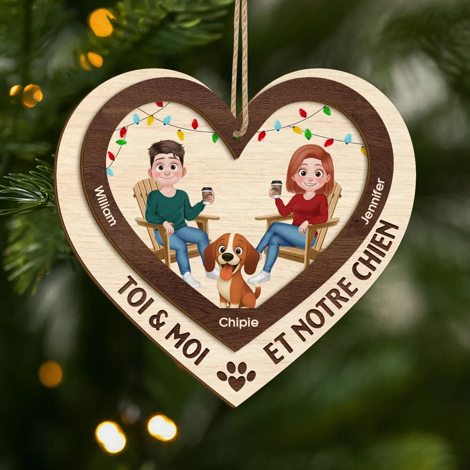 Ornement Noël En Bois À 2 Couches Personnalisé Couple - Toi Moi Et Notre Chien