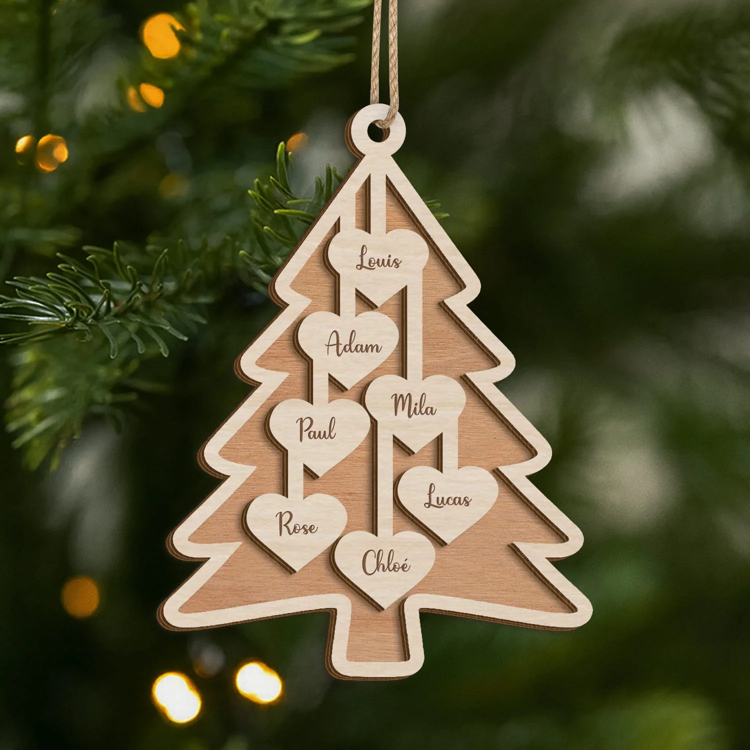 Ornement Noël En Bois À 2 Couches Personnalisé Famille Avec Prénom - Notre Sapin Avec Cœur