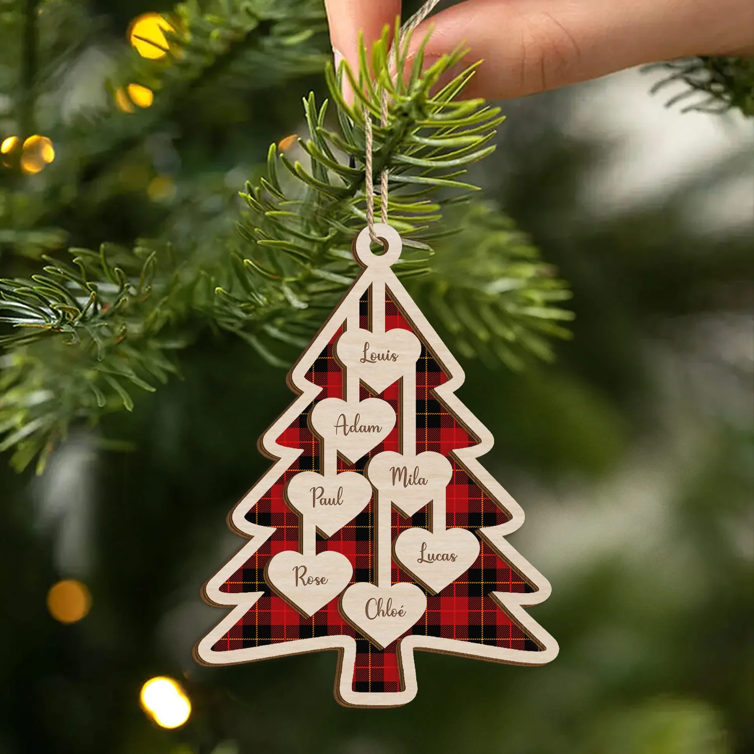 Ornement Noël En Bois À 2 Couches Personnalisé Famille Avec Prénom - Notre Sapin Avec Cœur - Image 2