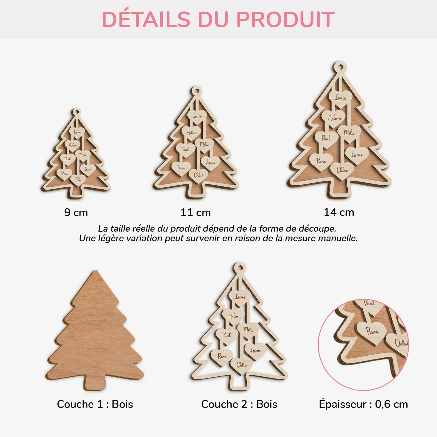 Ornement Noël En Bois À 2 Couches Personnalisé Famille Avec Prénom - Notre Sapin Avec Cœur - Image 3