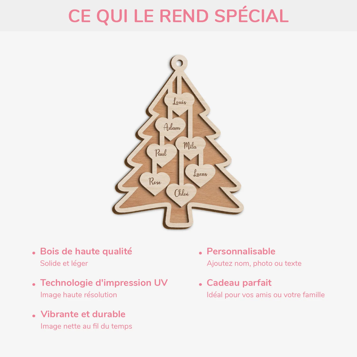 Ornement Noël En Bois À 2 Couches Personnalisé Famille Avec Prénom - Notre Sapin Avec Cœur - Image 4