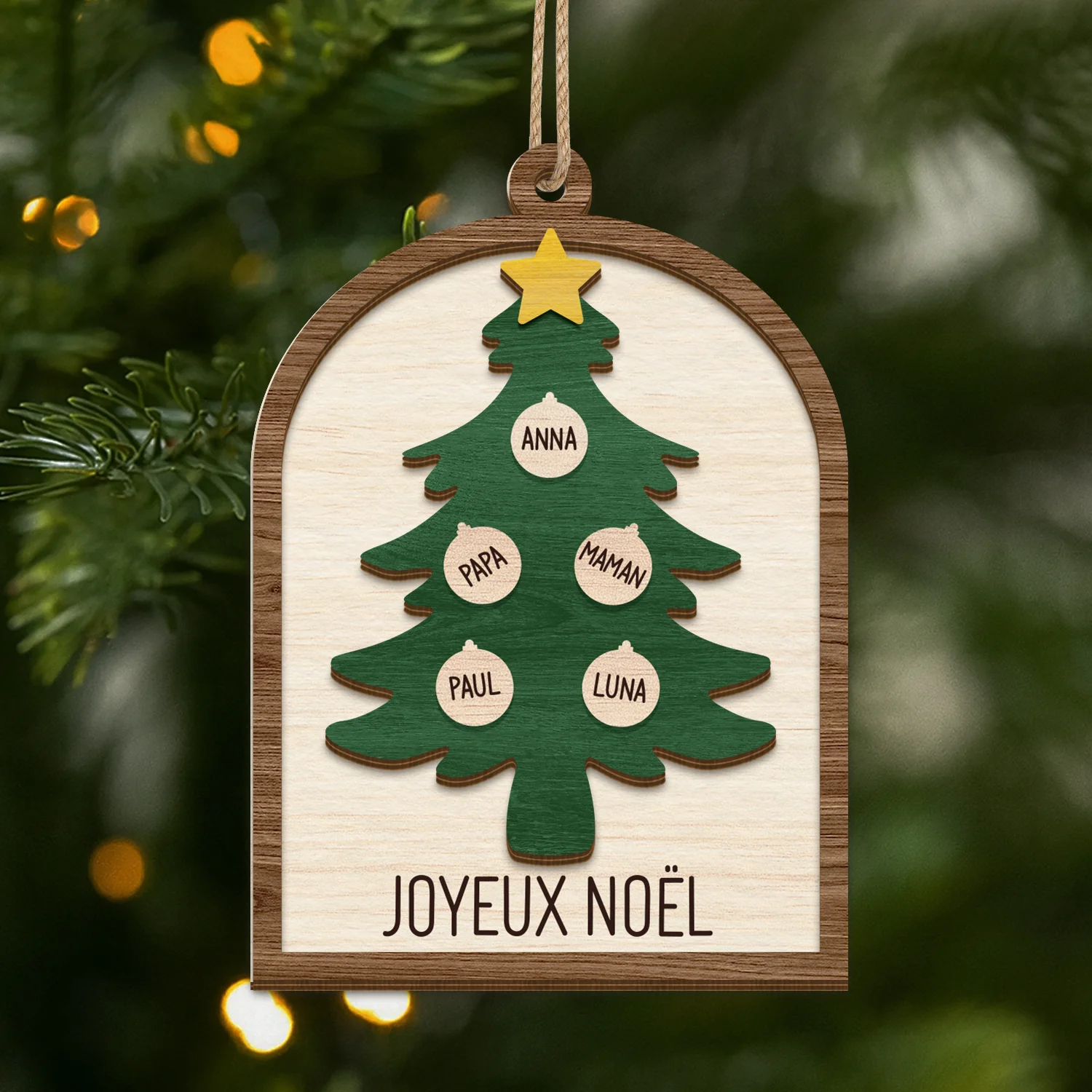 Ornement Noël En Bois À 2 Couches Personnalisé Famille - Boule Pour Sapin Avec Prénom