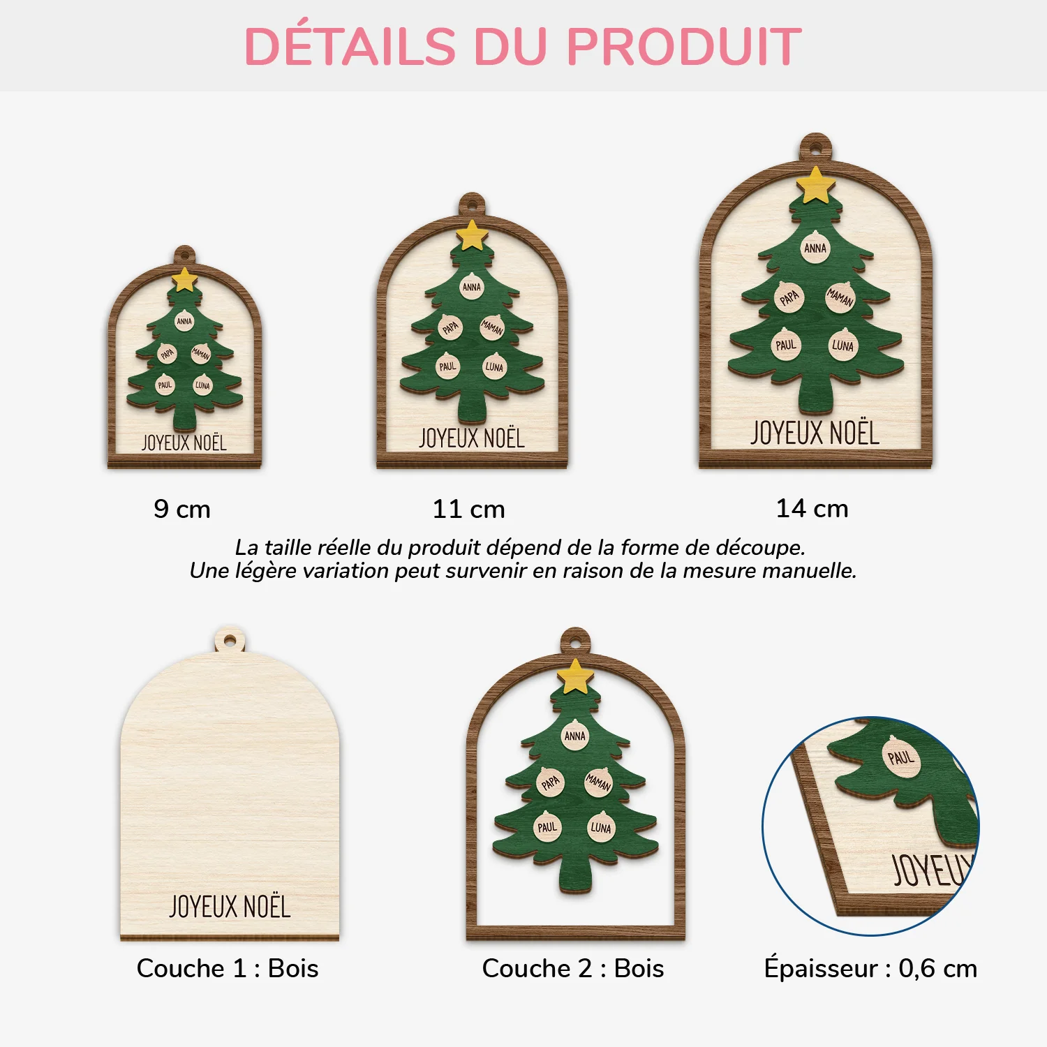 Ornement Noël En Bois À 2 Couches Personnalisé Famille - Boule Pour Sapin Avec Prénom - Image 3