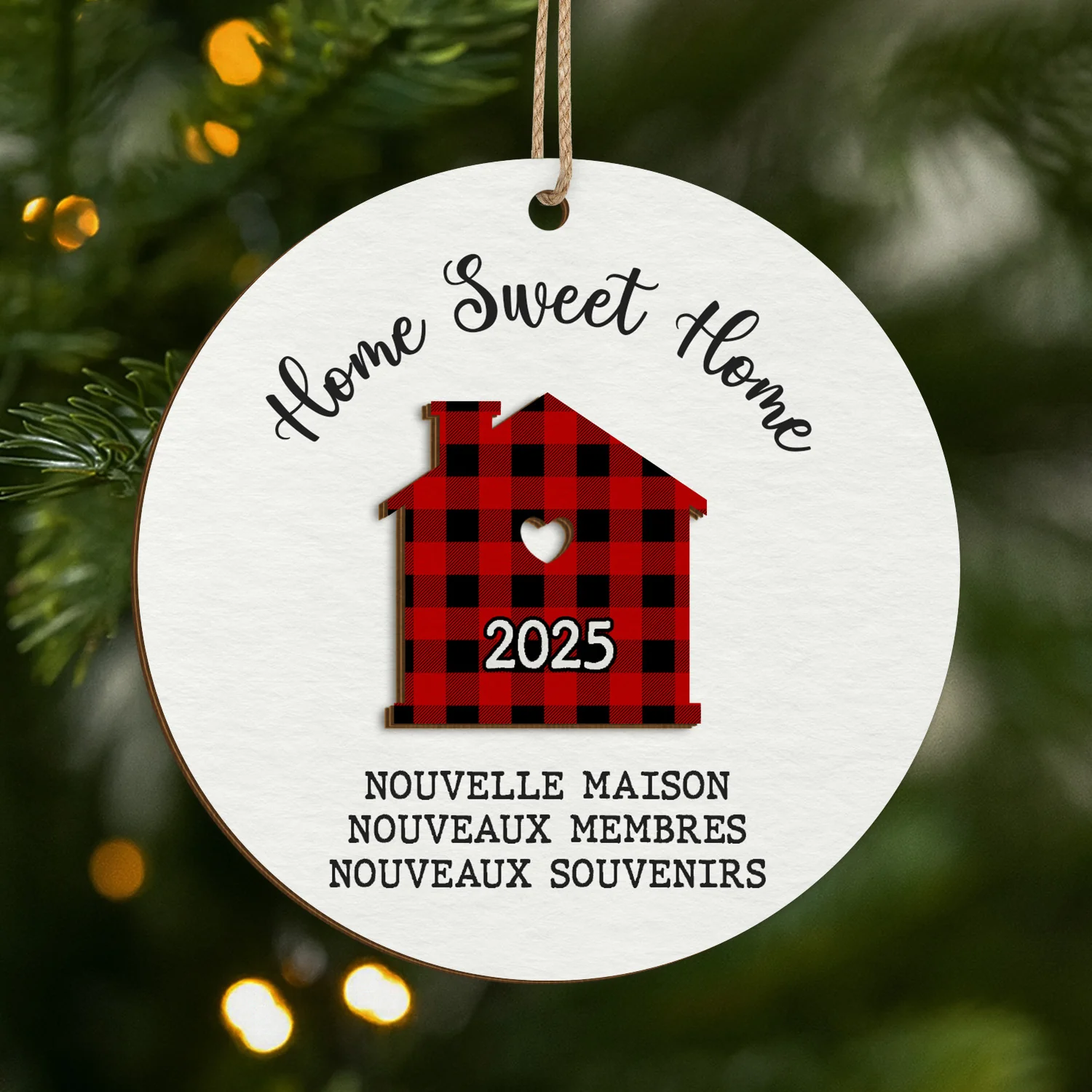 Ornement Noël En Bois À 2 Couches Personnalisé Famille - Home Sweet Home Blanc Et Noir