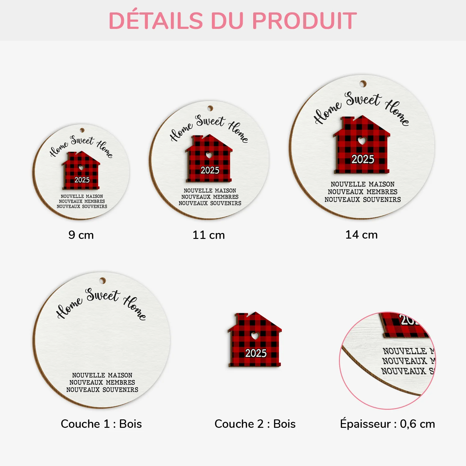 Ornement Noël En Bois À 2 Couches Personnalisé Famille - Home Sweet Home Blanc Et Noir - Image 3