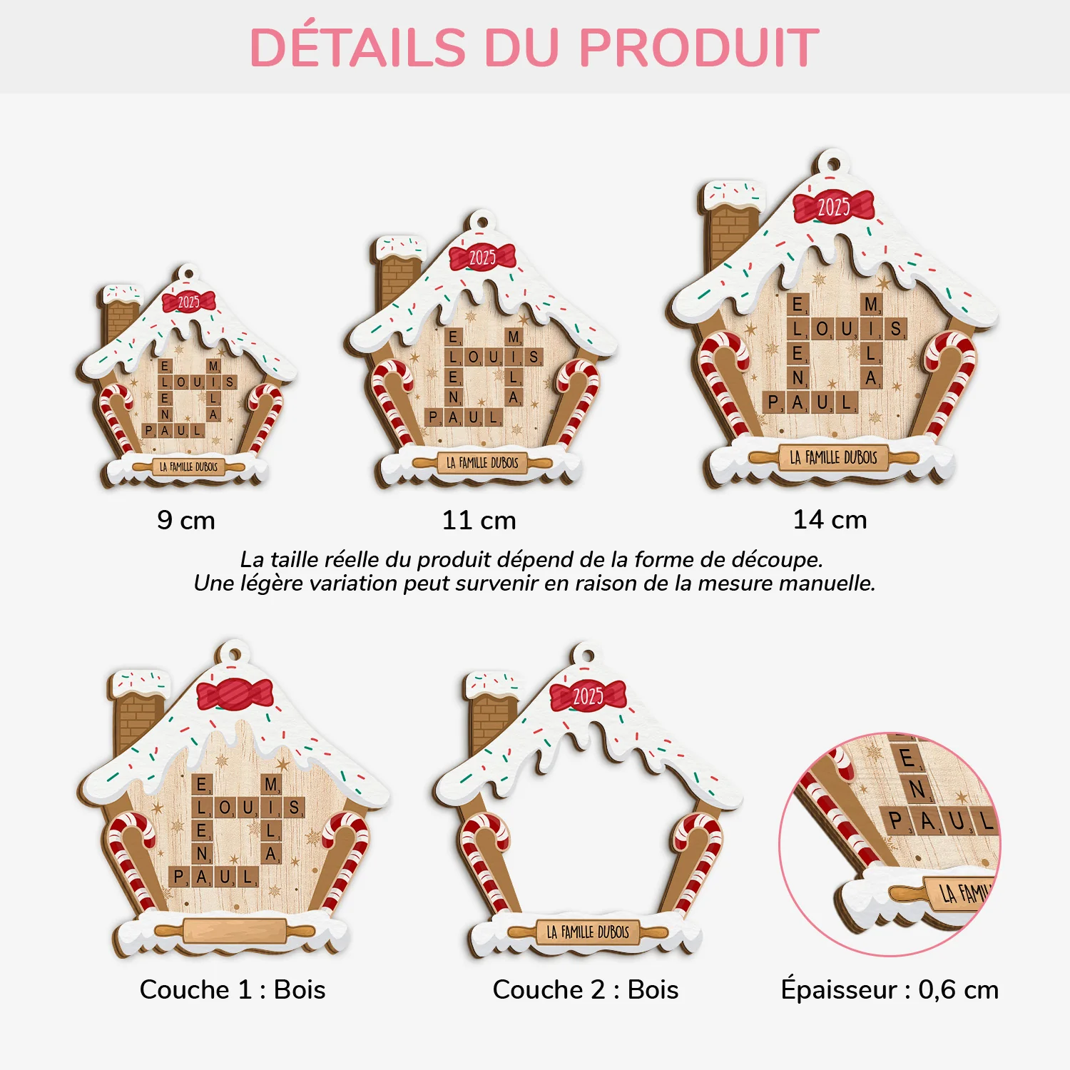 Ornement Noël En Bois À 2 Couches Personnalisé Famille - Maison En Pain D'épices Avec Mots Croisés - Image 3