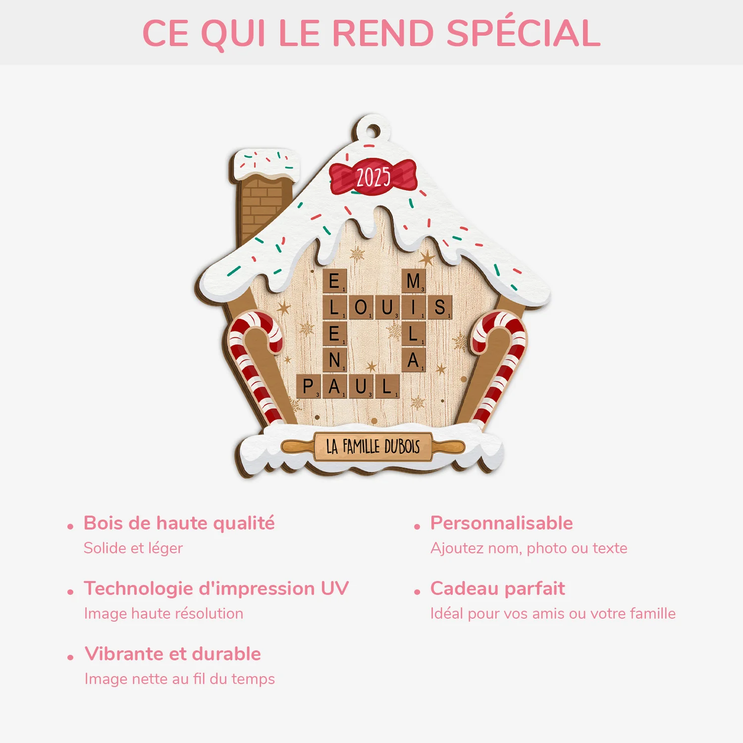 Ornement Noël En Bois À 2 Couches Personnalisé Famille - Maison En Pain D'épices Avec Mots Croisés - Image 4