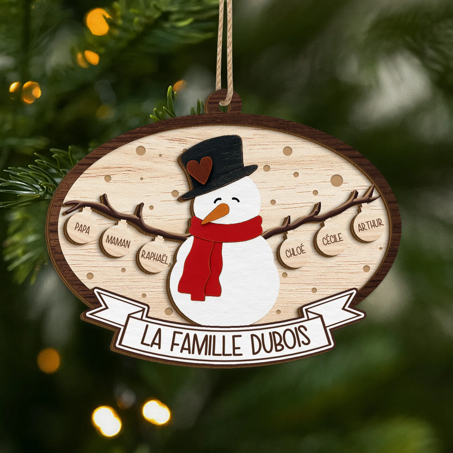 Ornement Noël En Bois À 2 Couches Personnalisé Famille - Notre Bonhomme De Neige