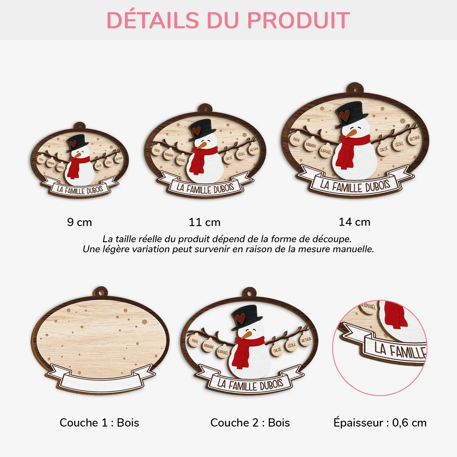 Ornement Noël En Bois À 2 Couches Personnalisé Famille - Notre Bonhomme De Neige - Image 3