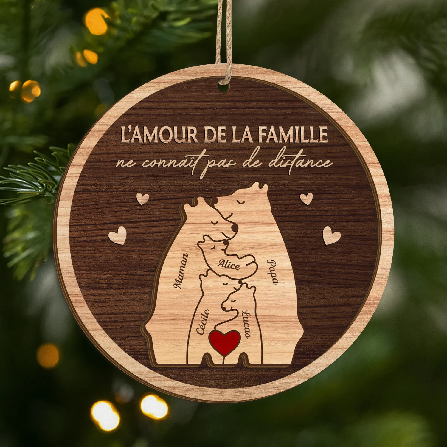 Ornement Noël En Bois À 2 Couches Personnalisé - L’amour De La Famille Ours