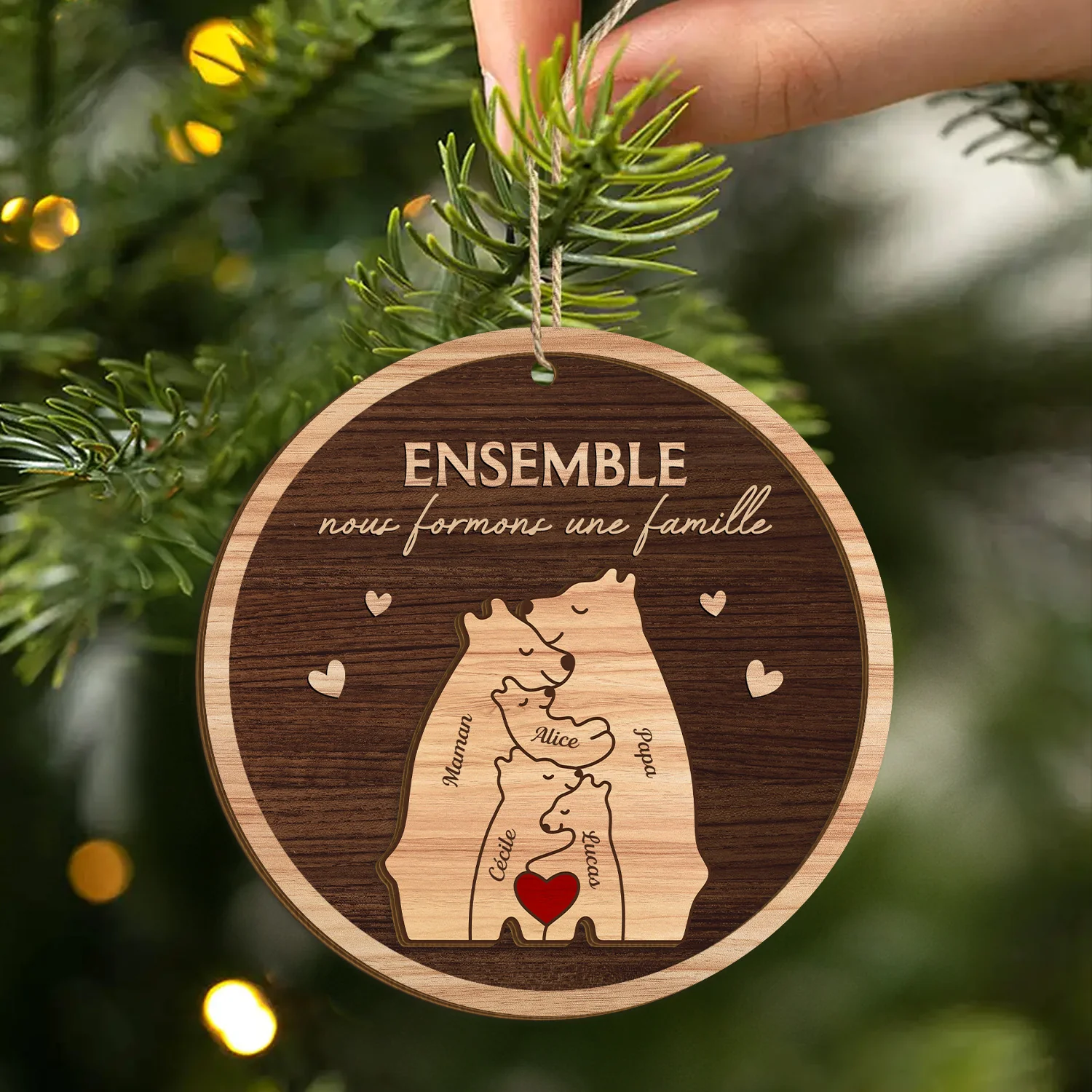 Ornement Noël En Bois À 2 Couches Personnalisé - L’amour De La Famille Ours - Image 2