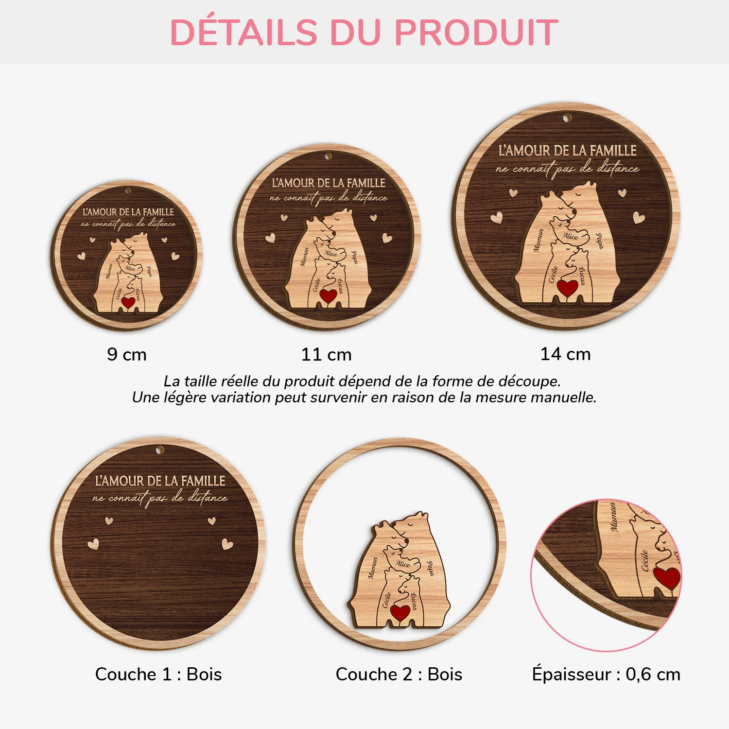 Ornement Noël En Bois À 2 Couches Personnalisé - L’amour De La Famille Ours - Image 3