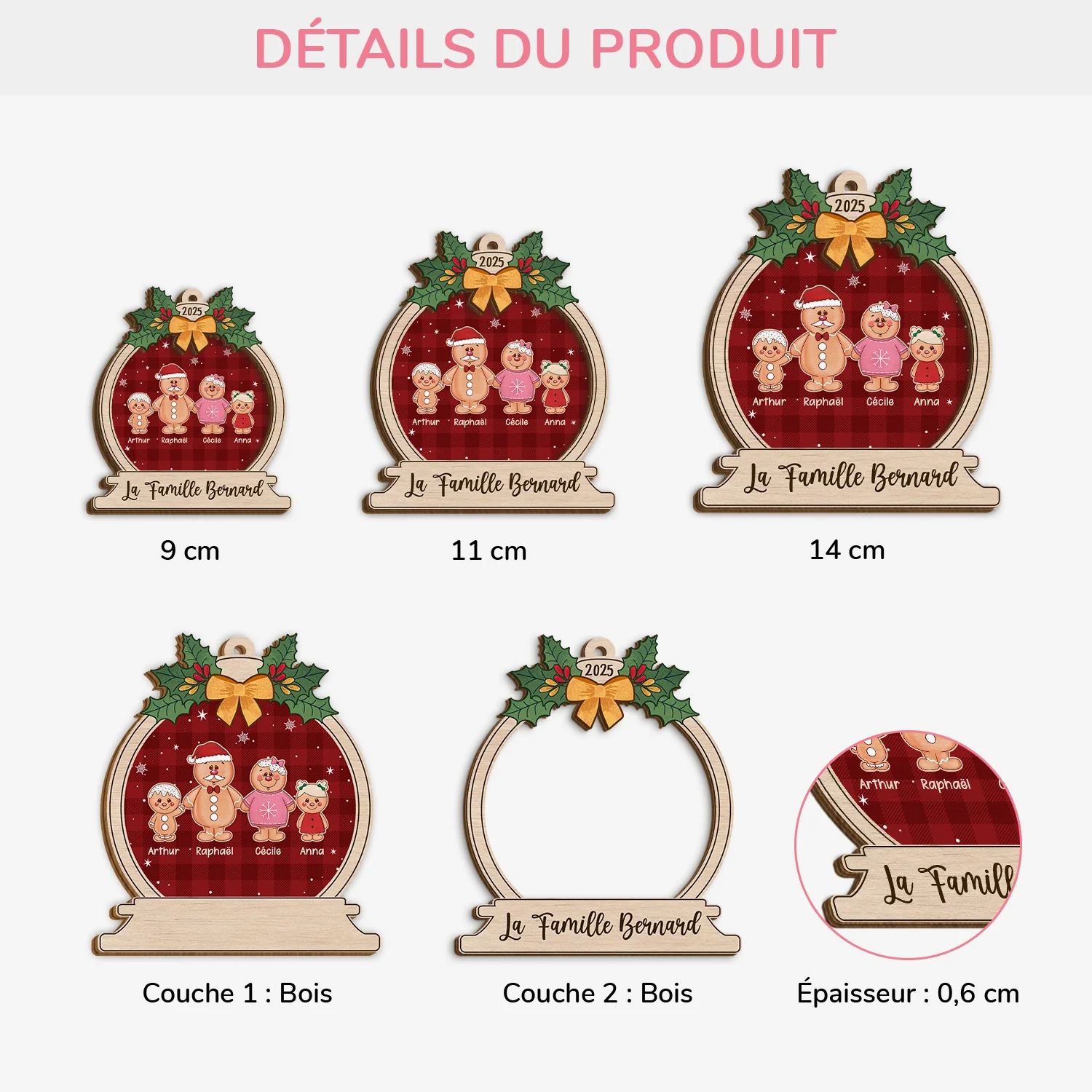 Ornement Noël En Bois À 2 Couches Personnalisé - Notre Famille Bonhomme De Pain D'épices - Image 3