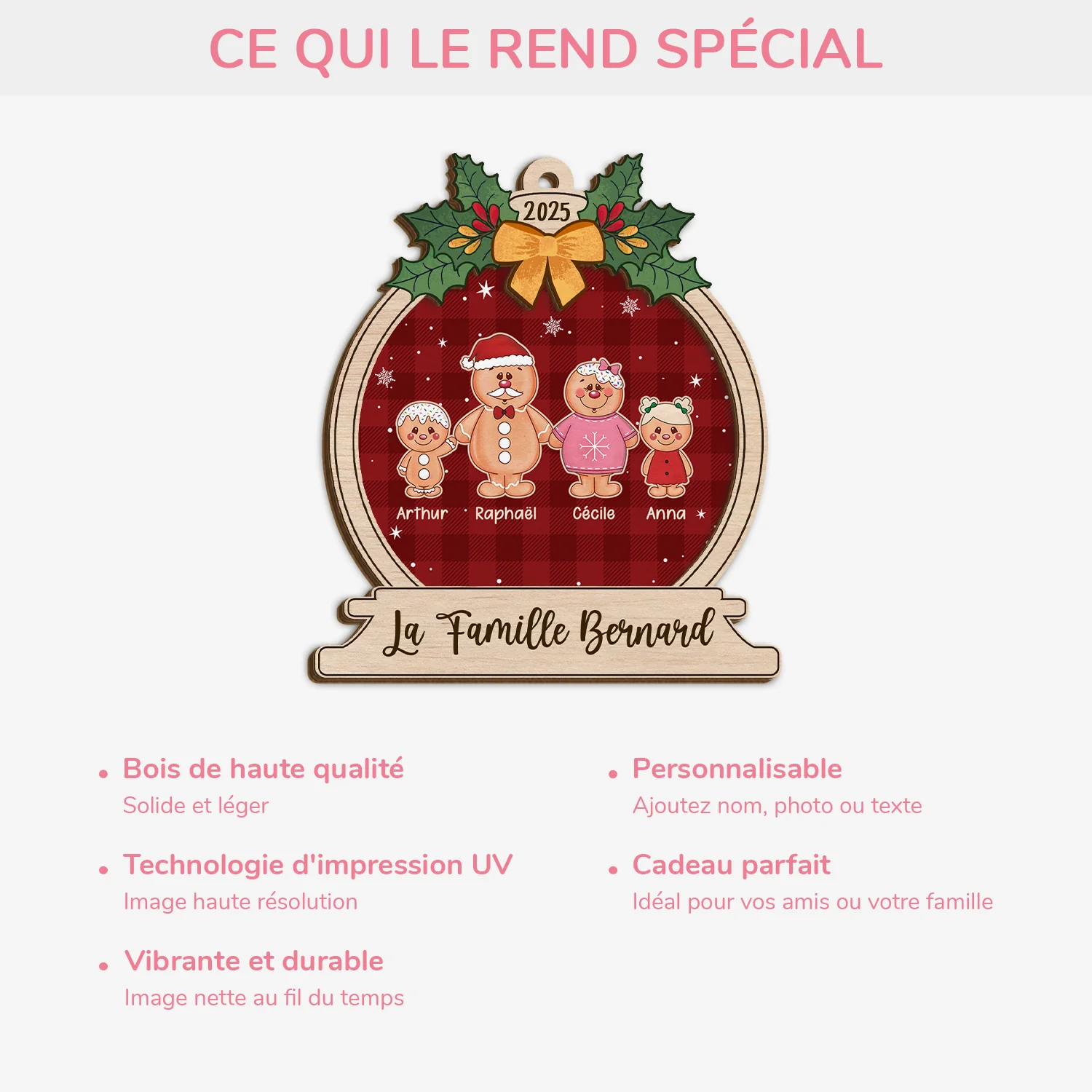Ornement Noël En Bois À 2 Couches Personnalisé - Notre Famille Bonhomme De Pain D'épices - Image 4