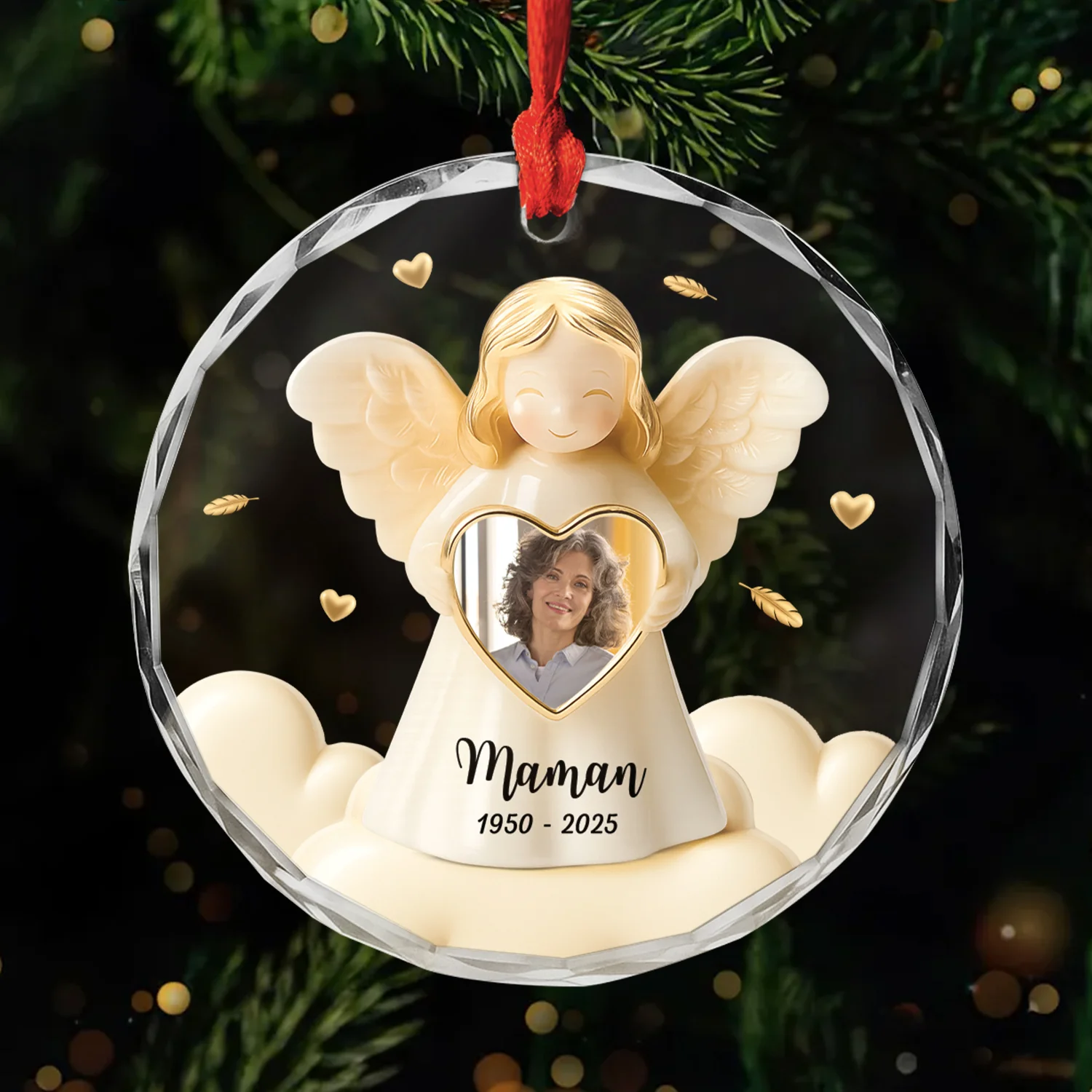 Ornement Noël En Verre Maman Commémoratif Personnalisé Avec Photo - Ange Avec Cœur