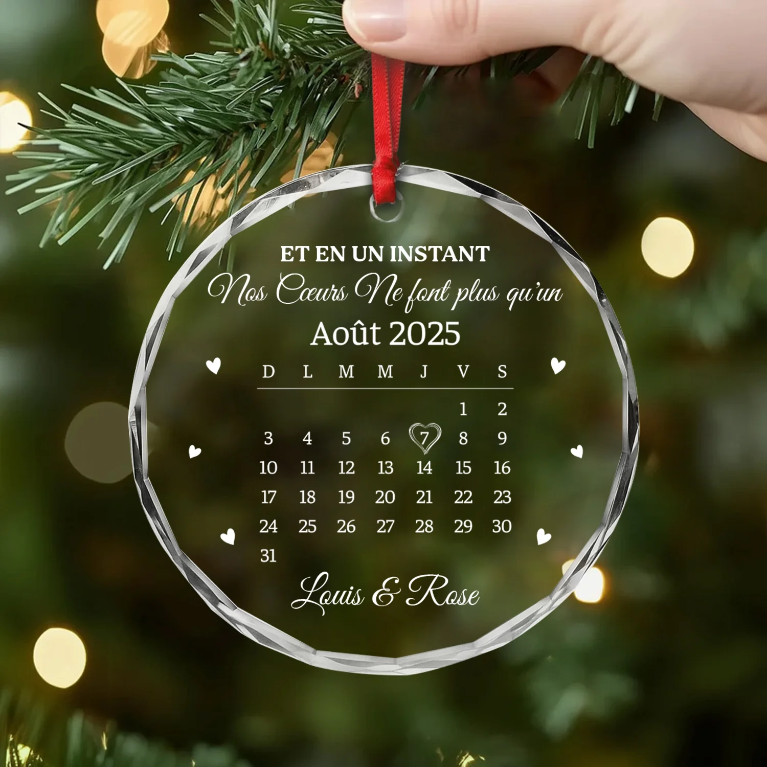 Ornement Noël En Verre Personnalisé Couple Avec Calendrier - Nos Cœurs Ne Font Plus Qu’un - Image 2