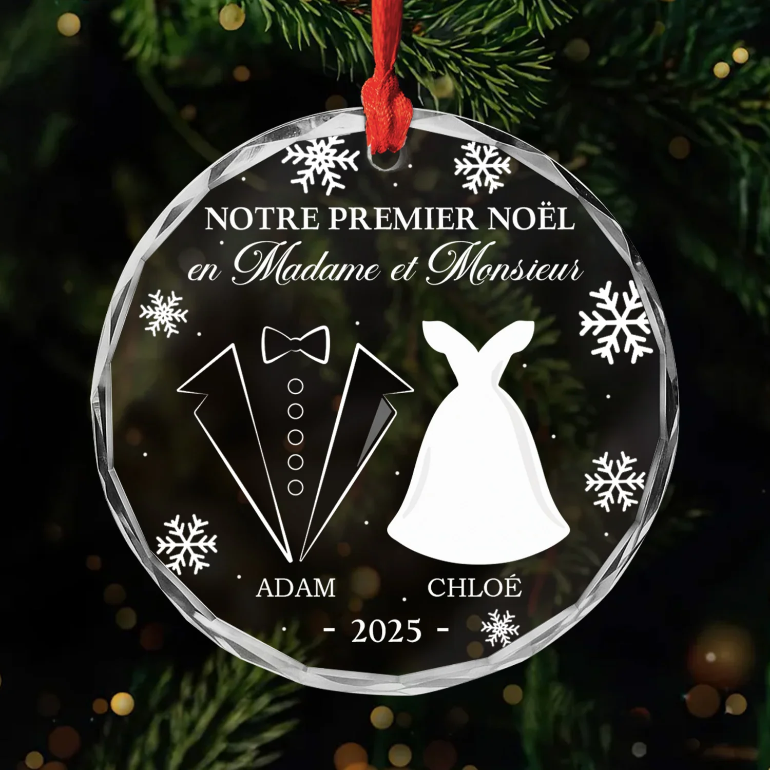 Ornement Noël En Verre Personnalisé Couple - Premier Noël Mariage