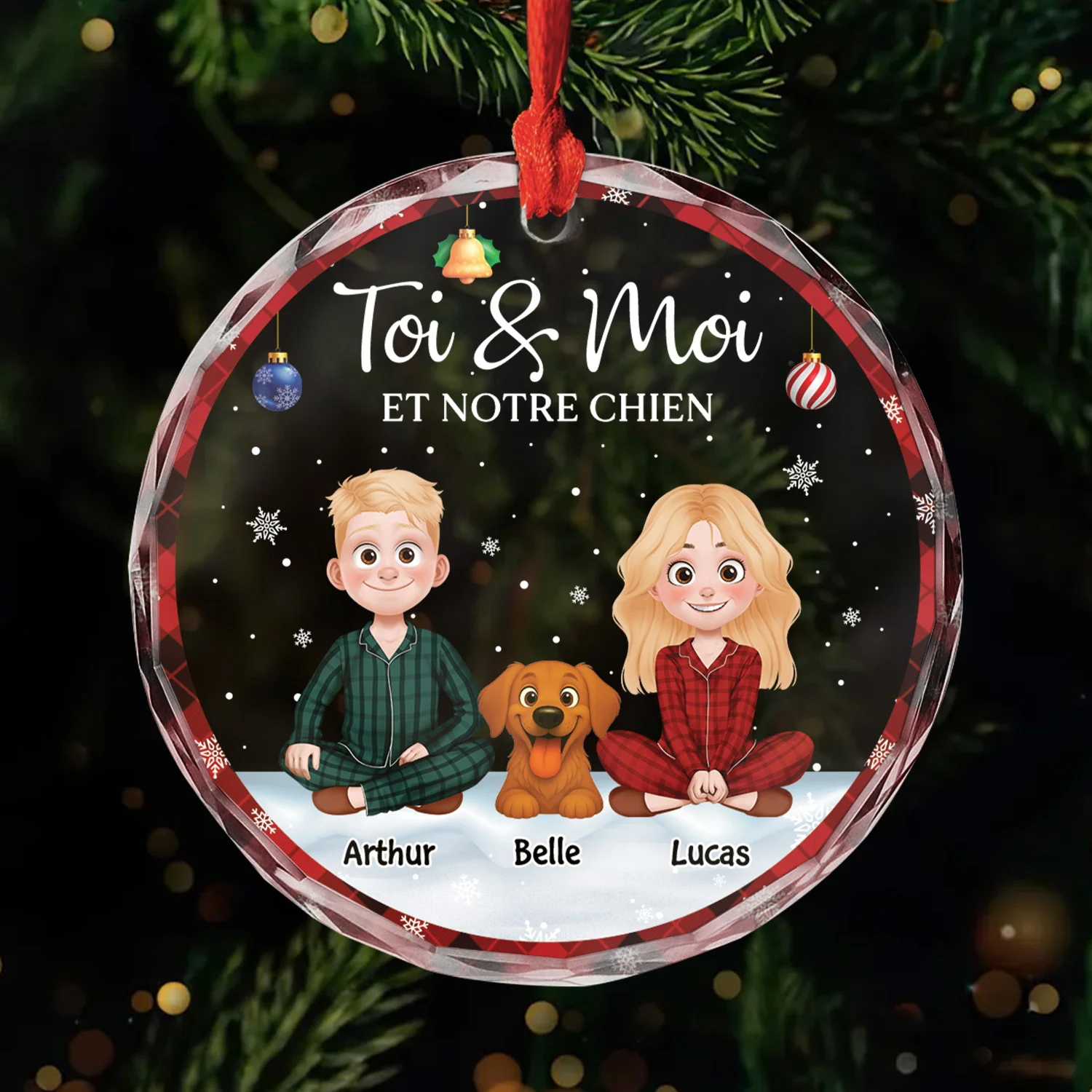 Ornement Noël En Verre Personnalisé Couple - Toi Moi Et Le Chien