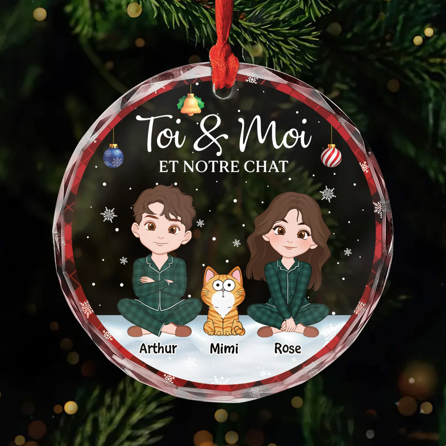 Ornement Noël En Verre Personnalisé Couple - Toi Moi Et Notre Chat