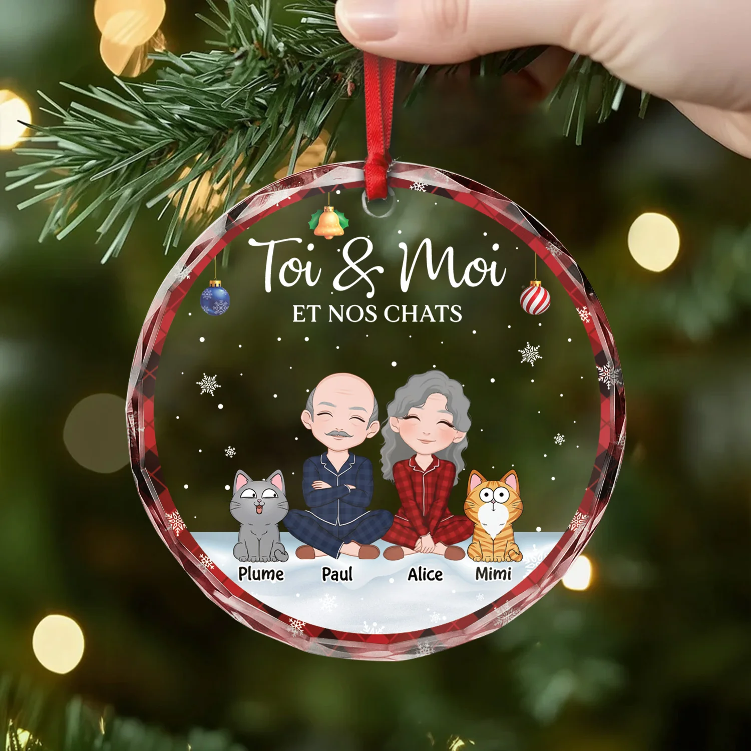 Ornement Noël En Verre Personnalisé Couple - Toi Moi Et Notre Chat - Image 2