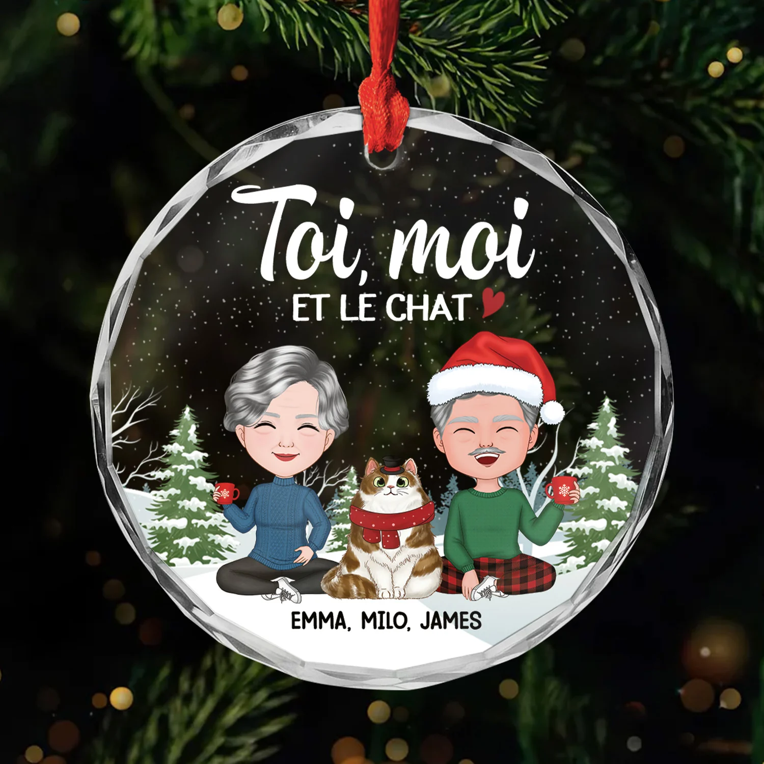 Ornement Noël En Verre Personnalisé Couple - Toi Moi Et Le Chat Version Neige