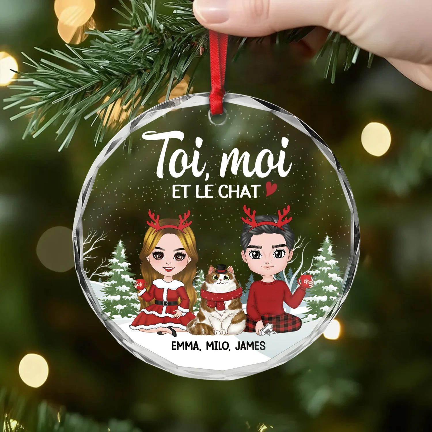 Ornement Noël En Verre Personnalisé Couple - Toi Moi Et Le Chat Version Neige - Image 2
