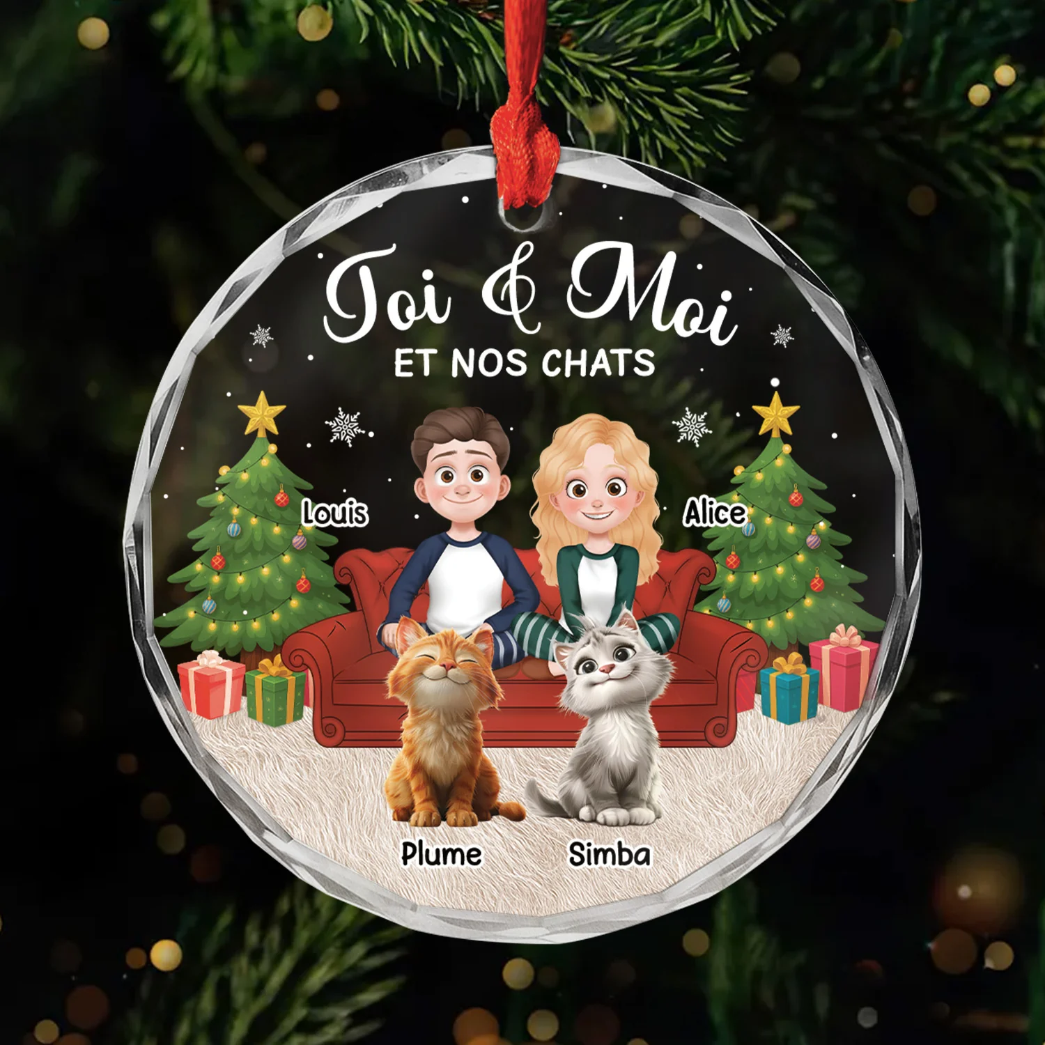 Ornement Noël En Verre Personnalisé Couple - Toi Moi Et Notre Chat Version Salon