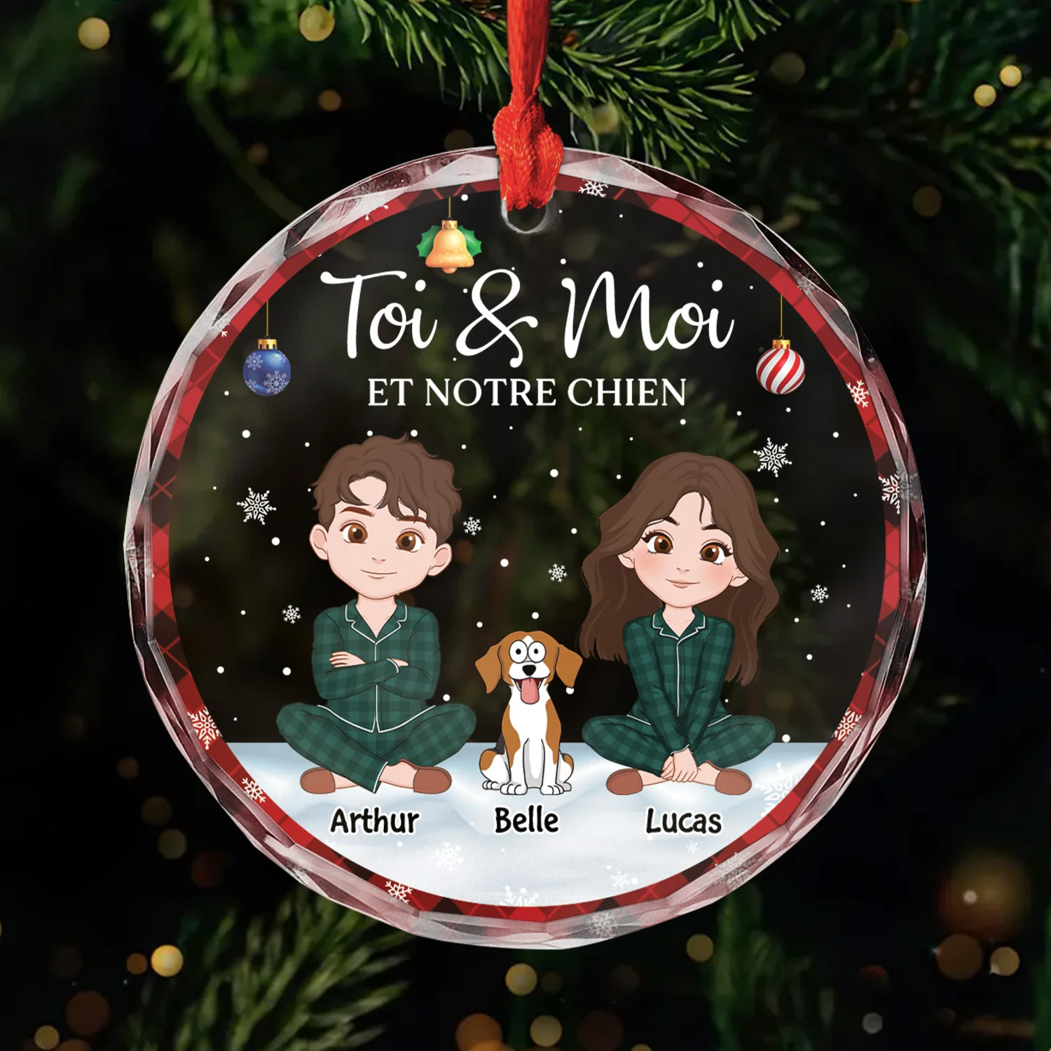 Ornement Noël En Verre Personnalisé Couple - Toi Moi Et Notre Chien
