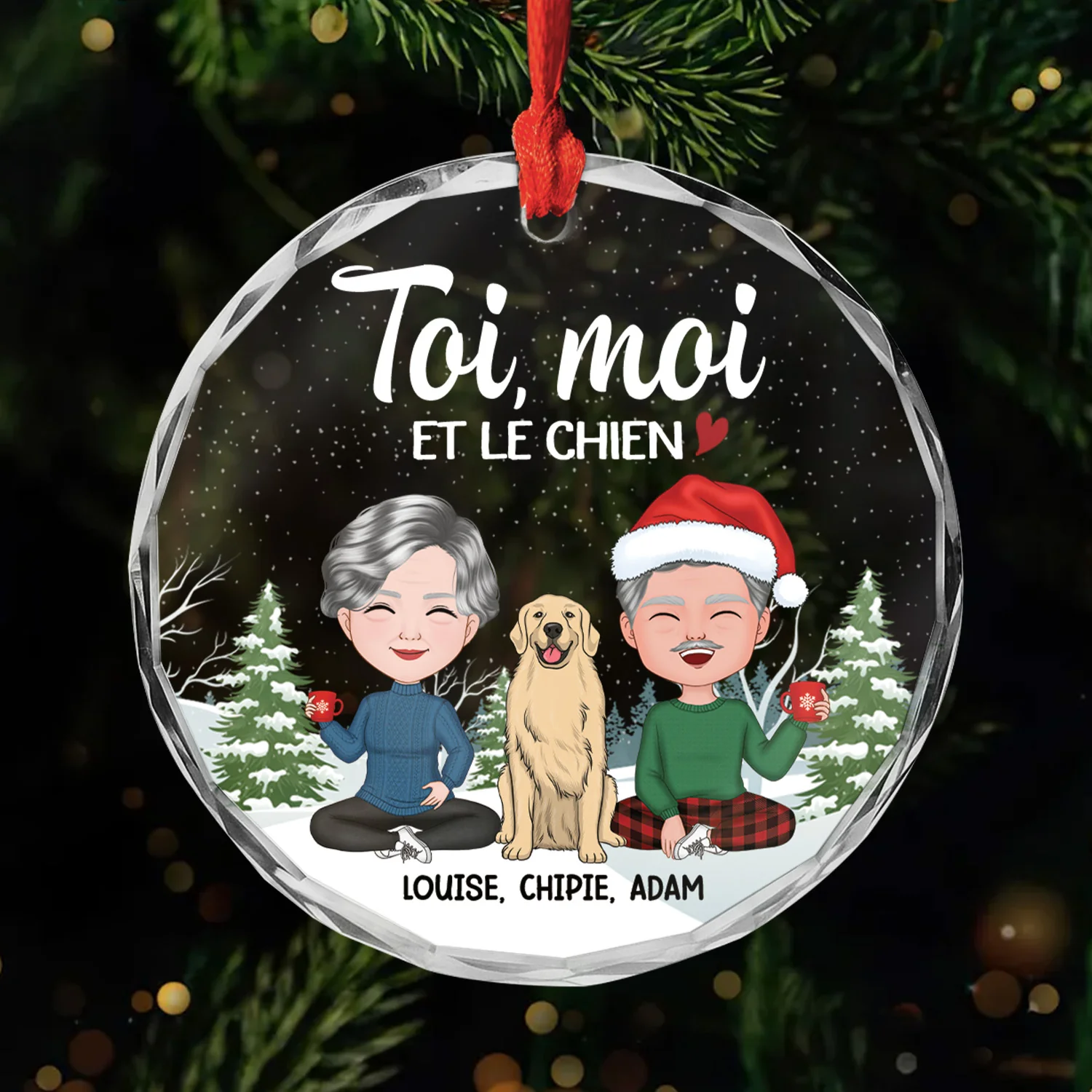 Ornement Noël En Verre Personnalisé Couple - Toi Moi Et Le Chien Version Neige