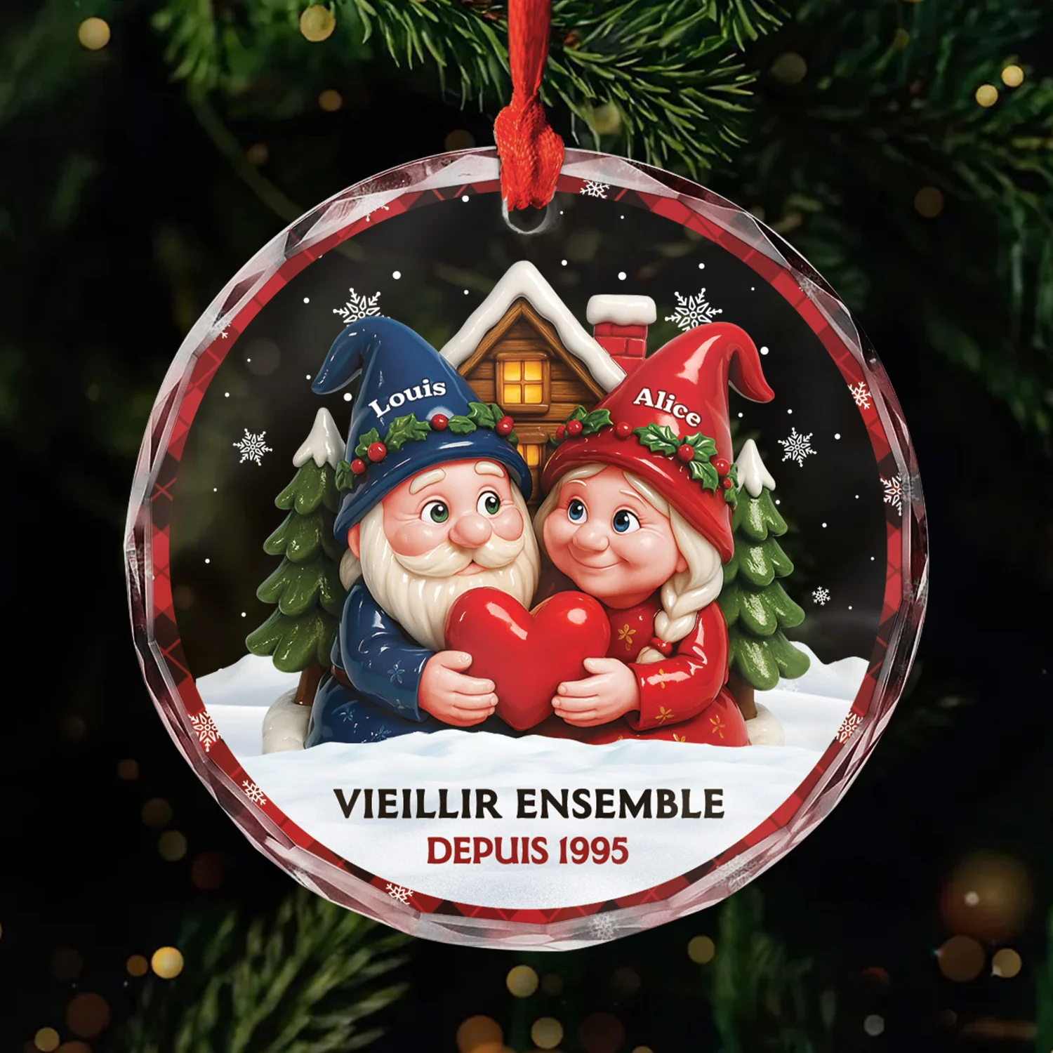 Ornement Noël En Verre Personnalisé Couple - Vieillir Ensemble Avec Cœur