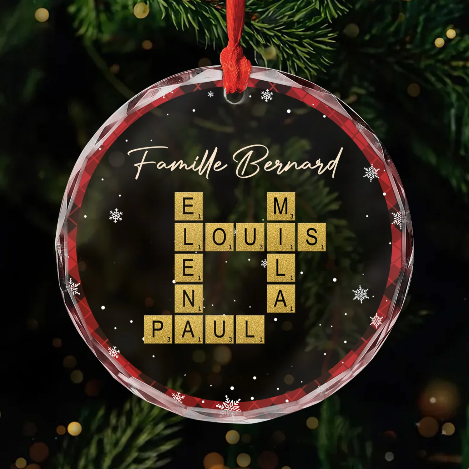 Ornement Noël En Verre Personnalisé - Famille Avec Mots-Croisés