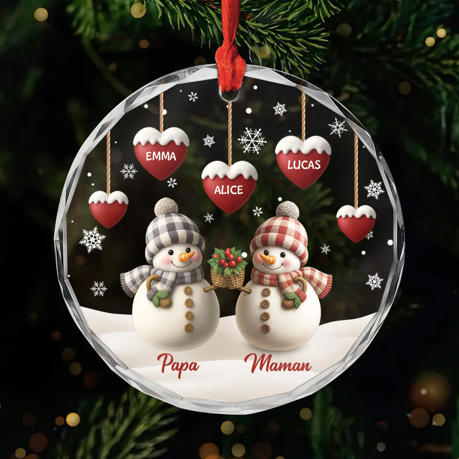 Ornement Noël En Verre Personnalisé - Famille Bonhomme De Neige Avec Cœur