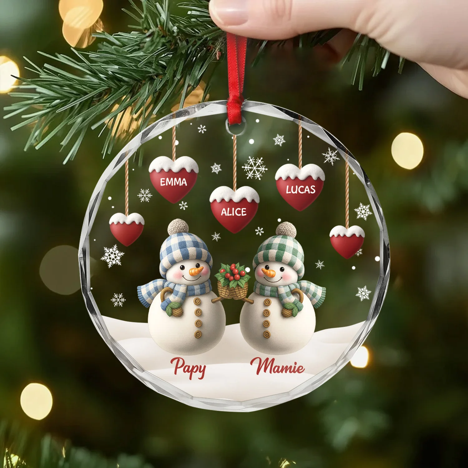 Ornement Noël En Verre Personnalisé - Famille Bonhomme De Neige Avec Cœur - Image 2