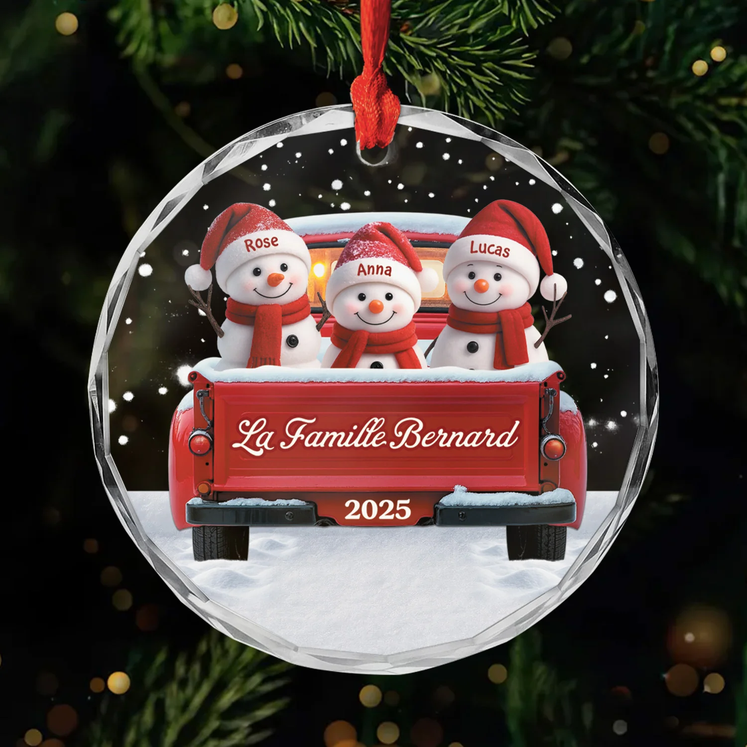 Ornement Noël En Verre Personnalisé - Famille Bonhomme De Neige En Voiture