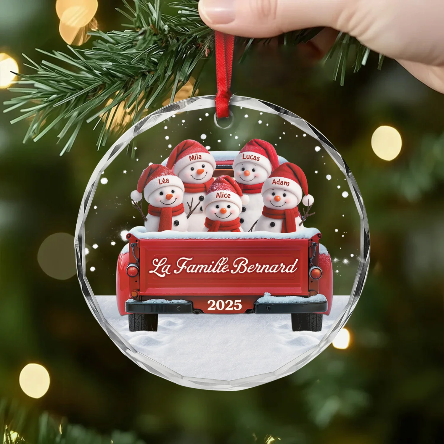 Ornement Noël En Verre Personnalisé - Famille Bonhomme De Neige En Voiture - Image 2