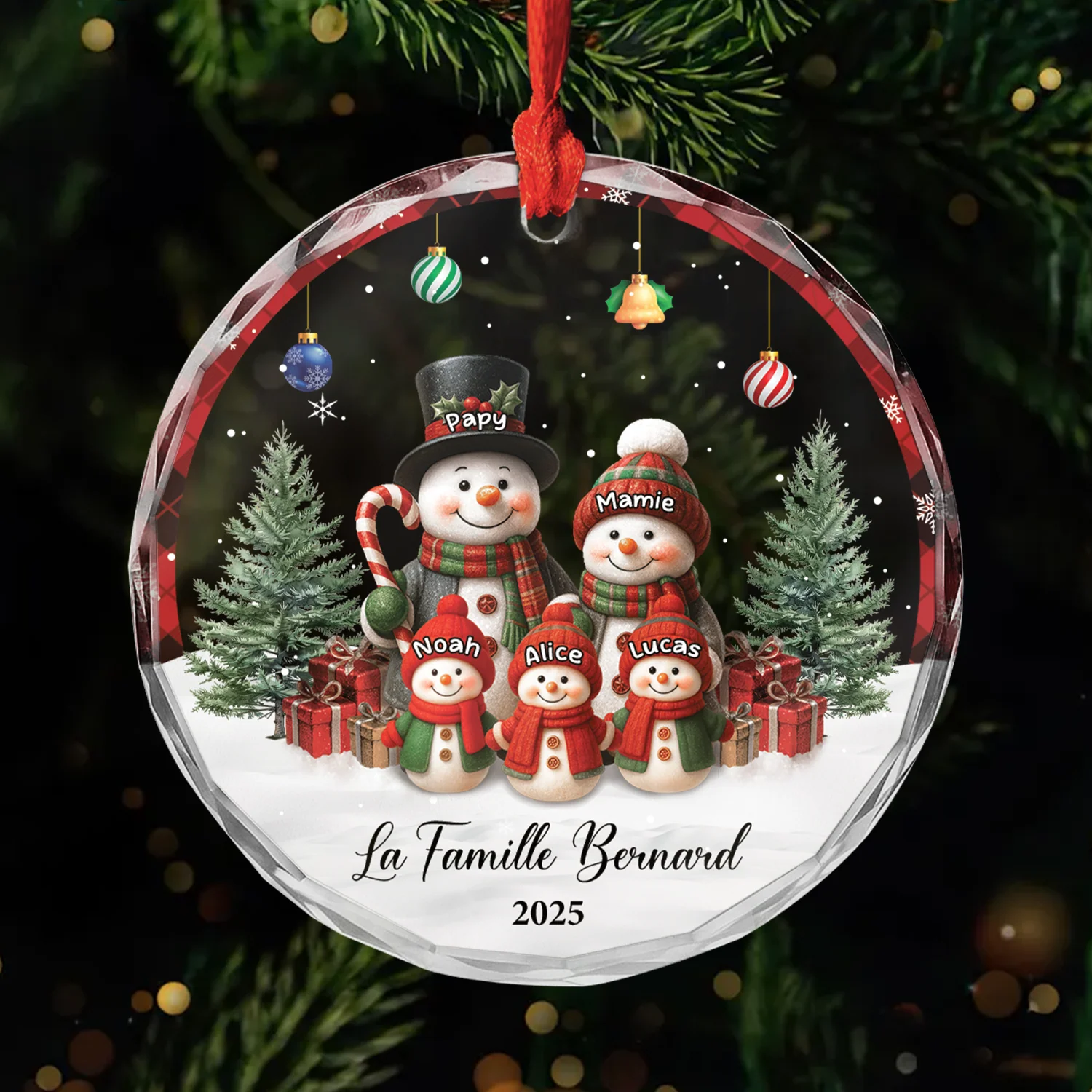 Ornement Noël En Verre Personnalisé - Famille Bonhomme De Neige Laine