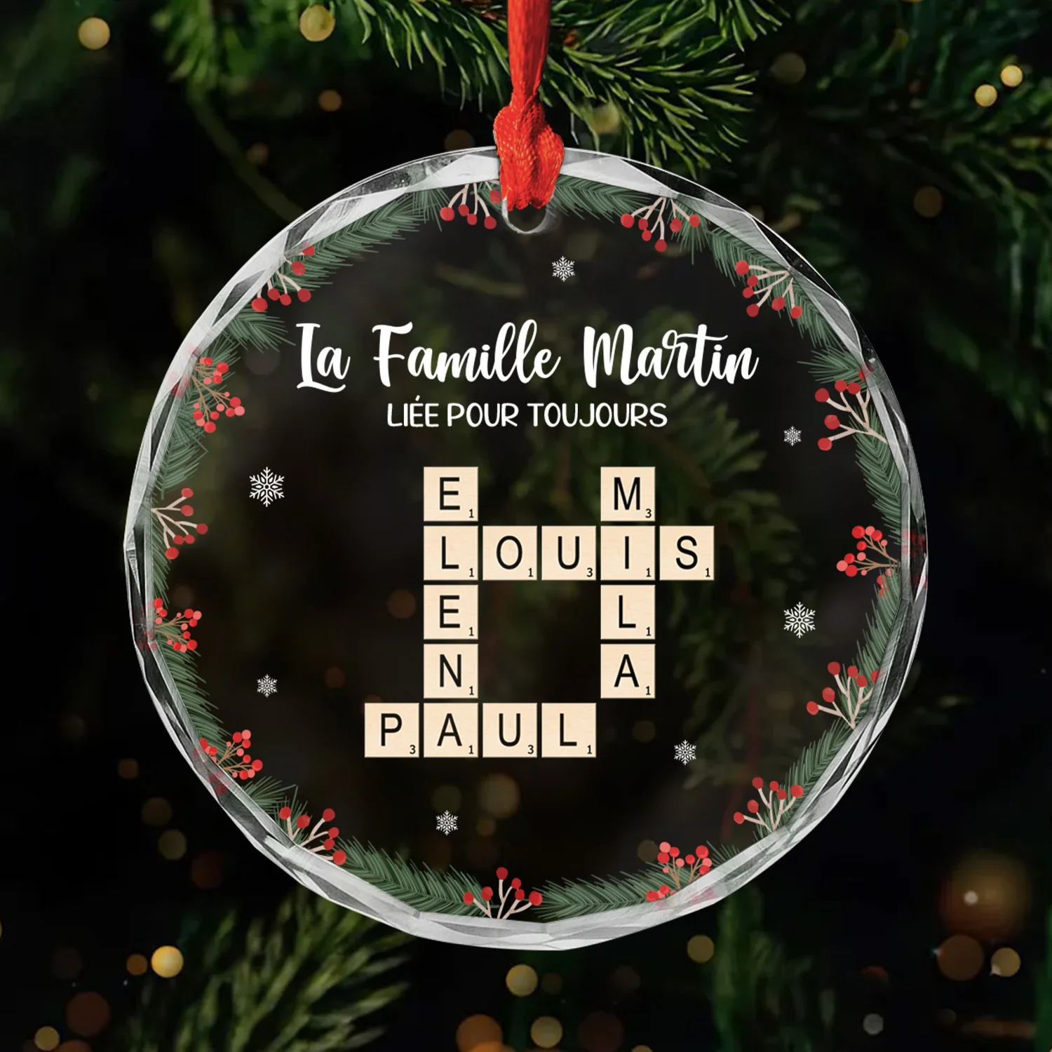 Ornement Noël En Verre Personnalisé Famille - Liés Pour Toujours Avec Mots-Croisés