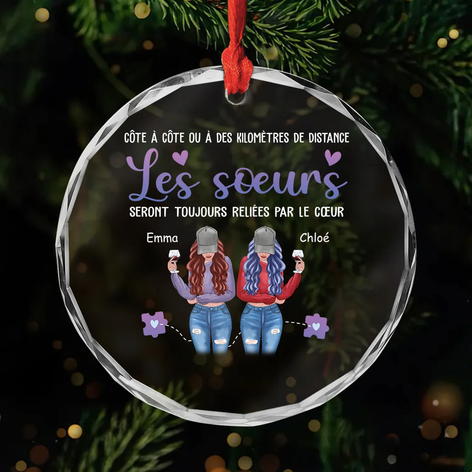 Ornement Noël En Verre Personnalisé - Les Sœurs Seront Toujours Reliées Par Le Cœur