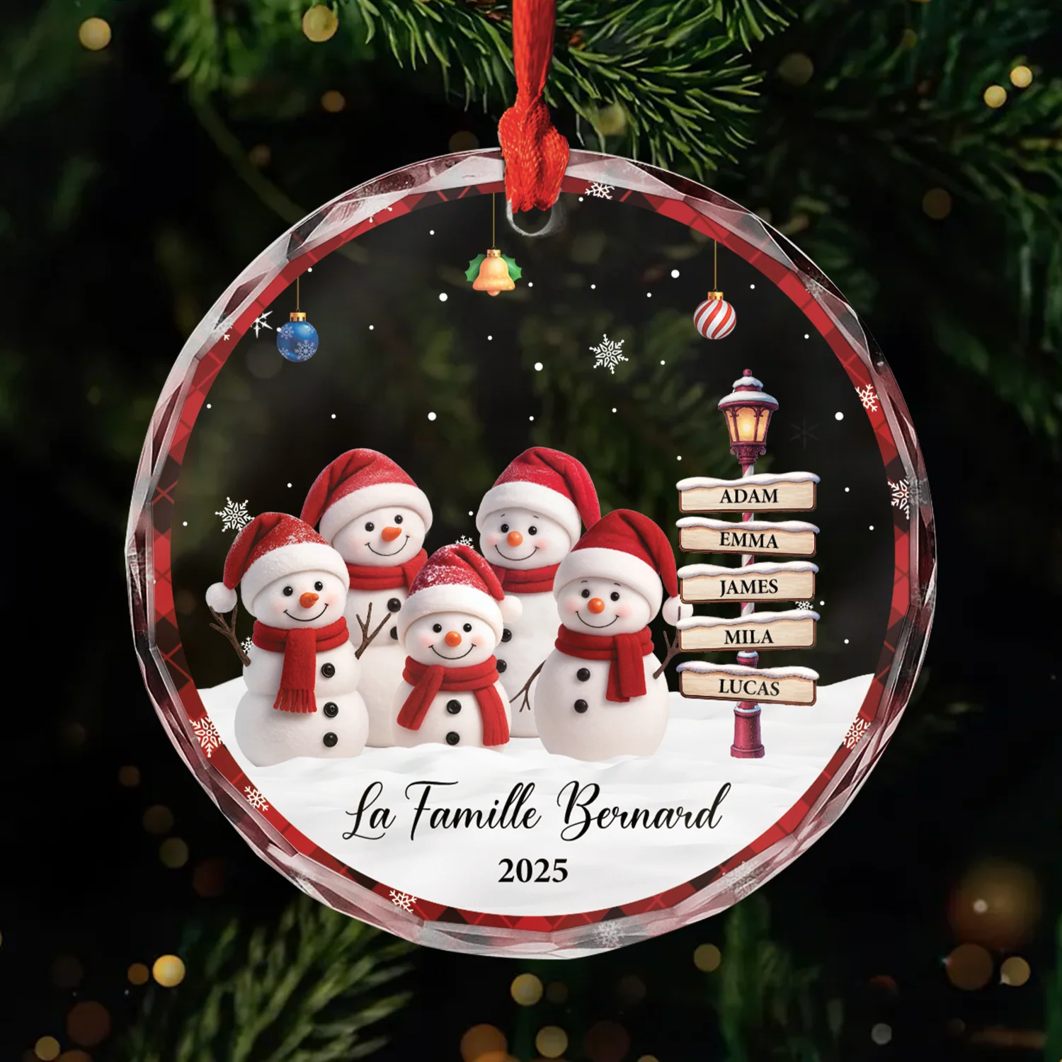 Ornement Noël En Verre Personnalisé - Notre Famille Bonhomme De Neige Avec Prénom