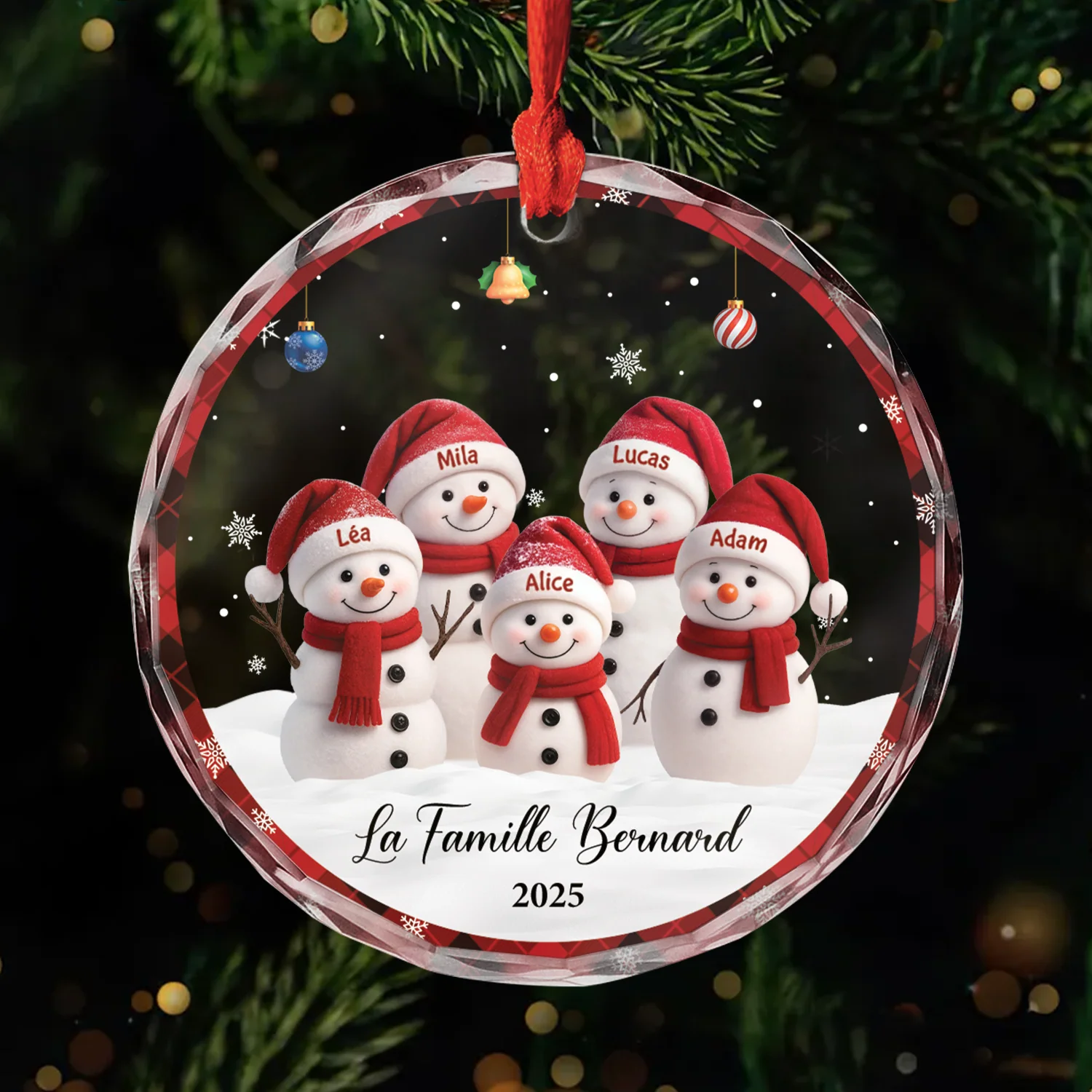 Ornement Noël En Verre Personnalisé - Notre Famille Bonhomme De Neige Ensemble