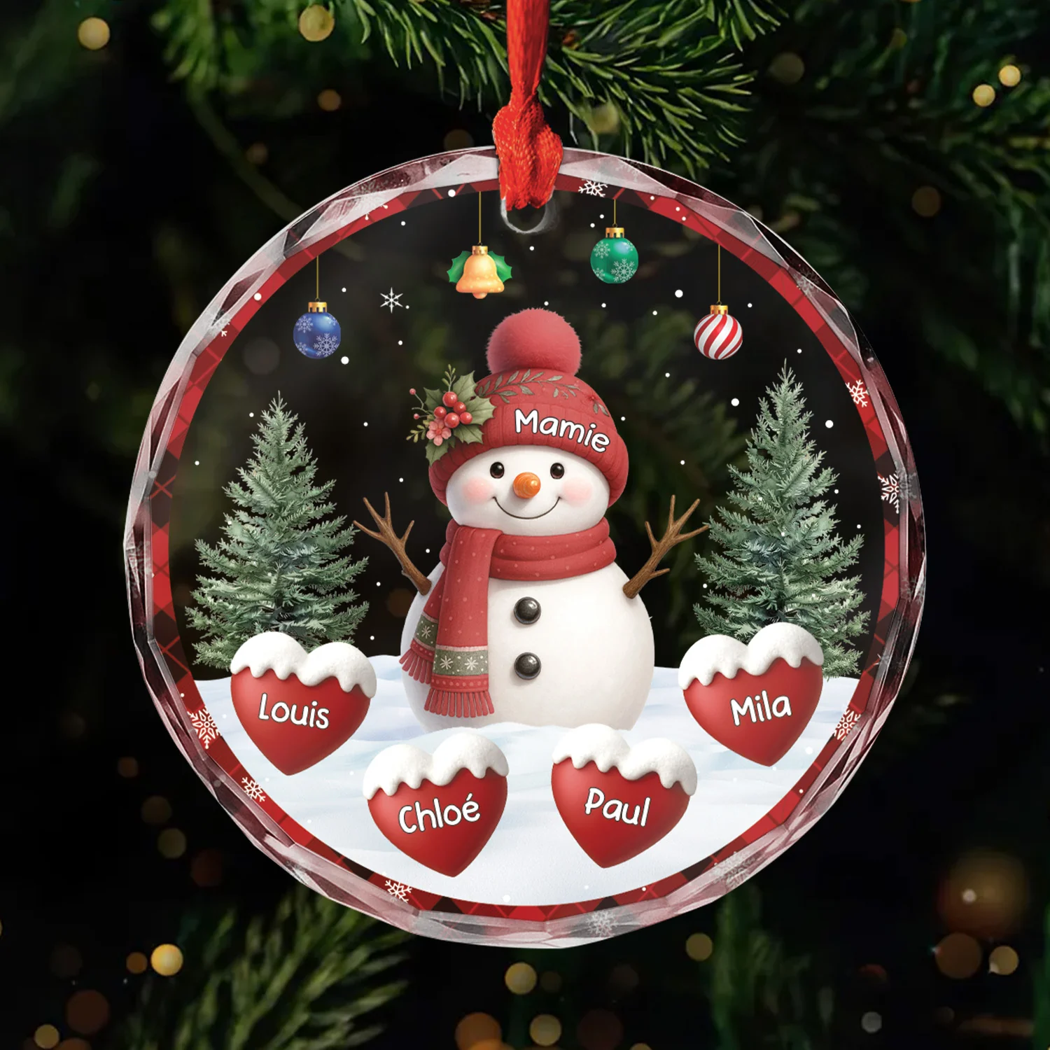 Ornement Noël En Verre Personnalisé - Papy Mamie Bonhomme De Neige Avec Cœur Rouge