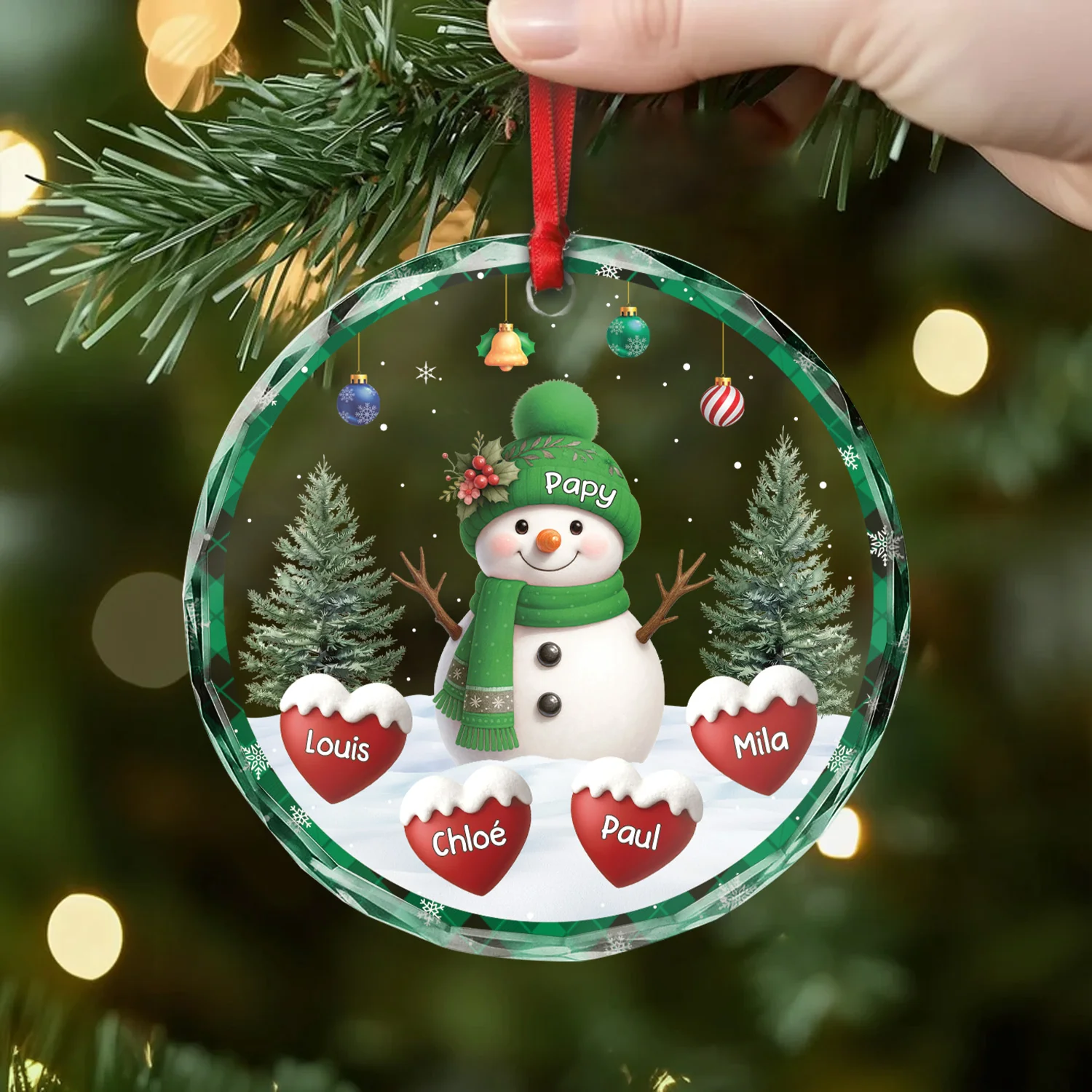 Ornement Noël En Verre Personnalisé - Papy Mamie Bonhomme De Neige Avec Cœur Rouge - Image 2