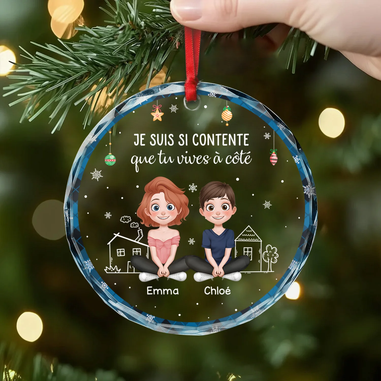 Ornement Noël En Verre Personnalisé Pour Amie - Content Que Tu Vivies À Côté - Image 2