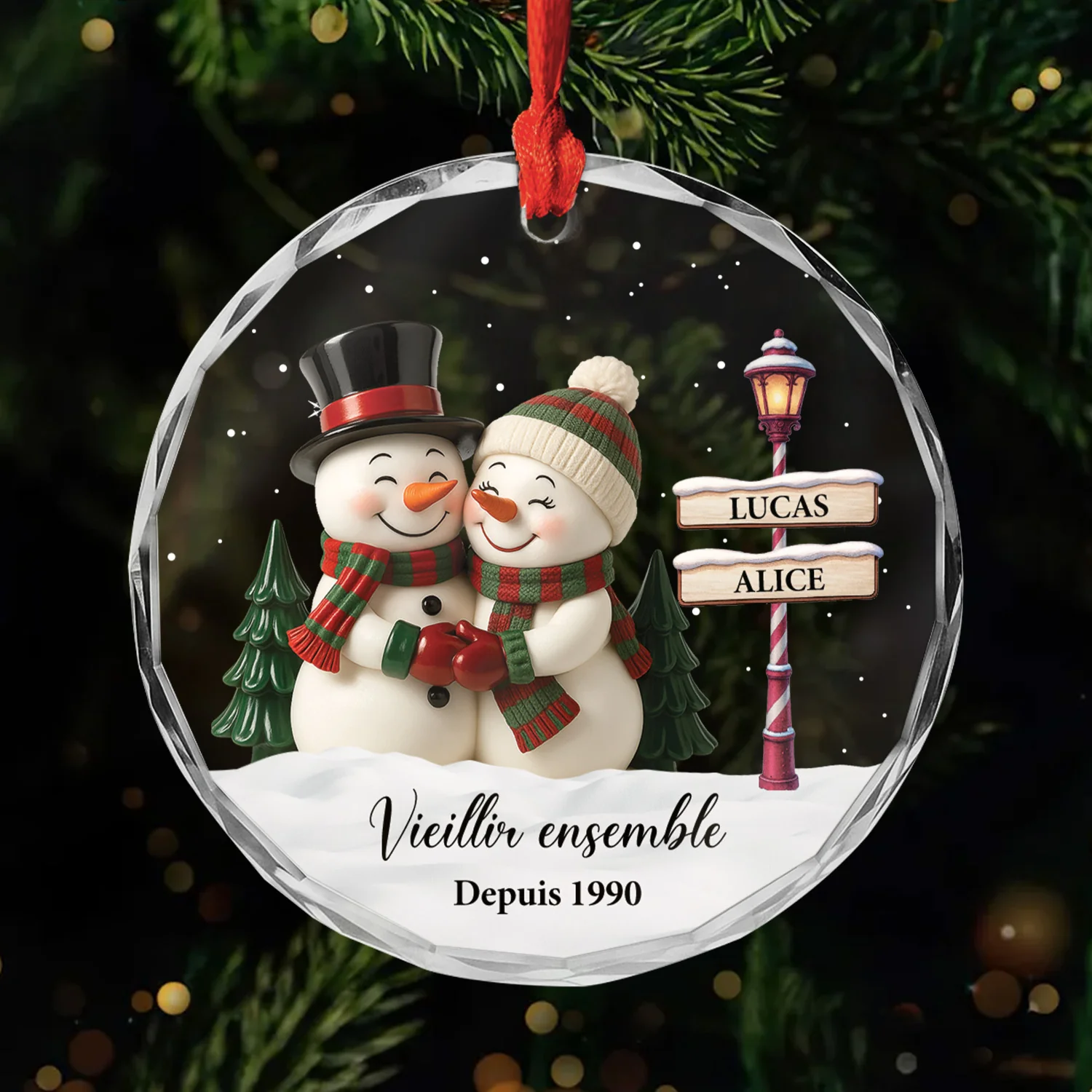Ornement Noël En Verre Personnalisé - Vieillir Ensemble Couple Bonhomme De Neige