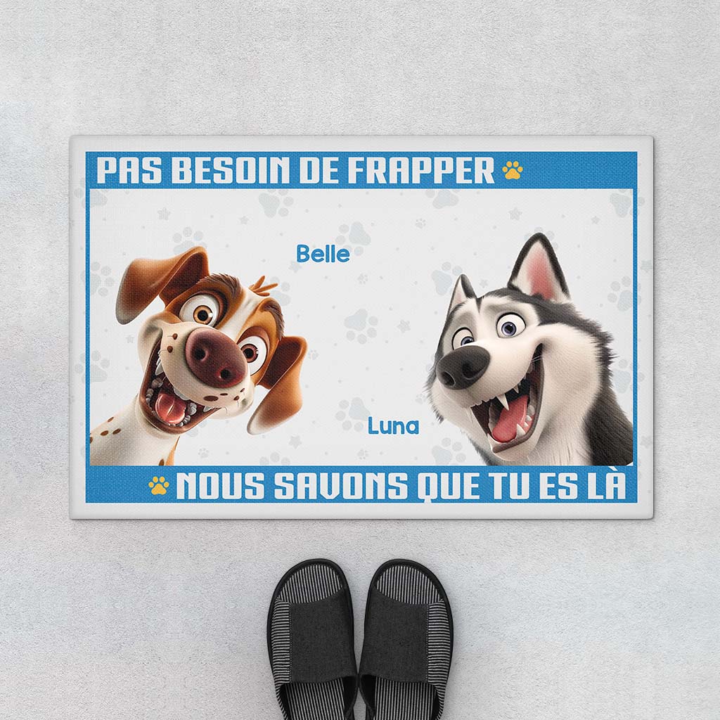 Tapis personnalisé chien – Pas besoin de frapper, j’aboie déjà !